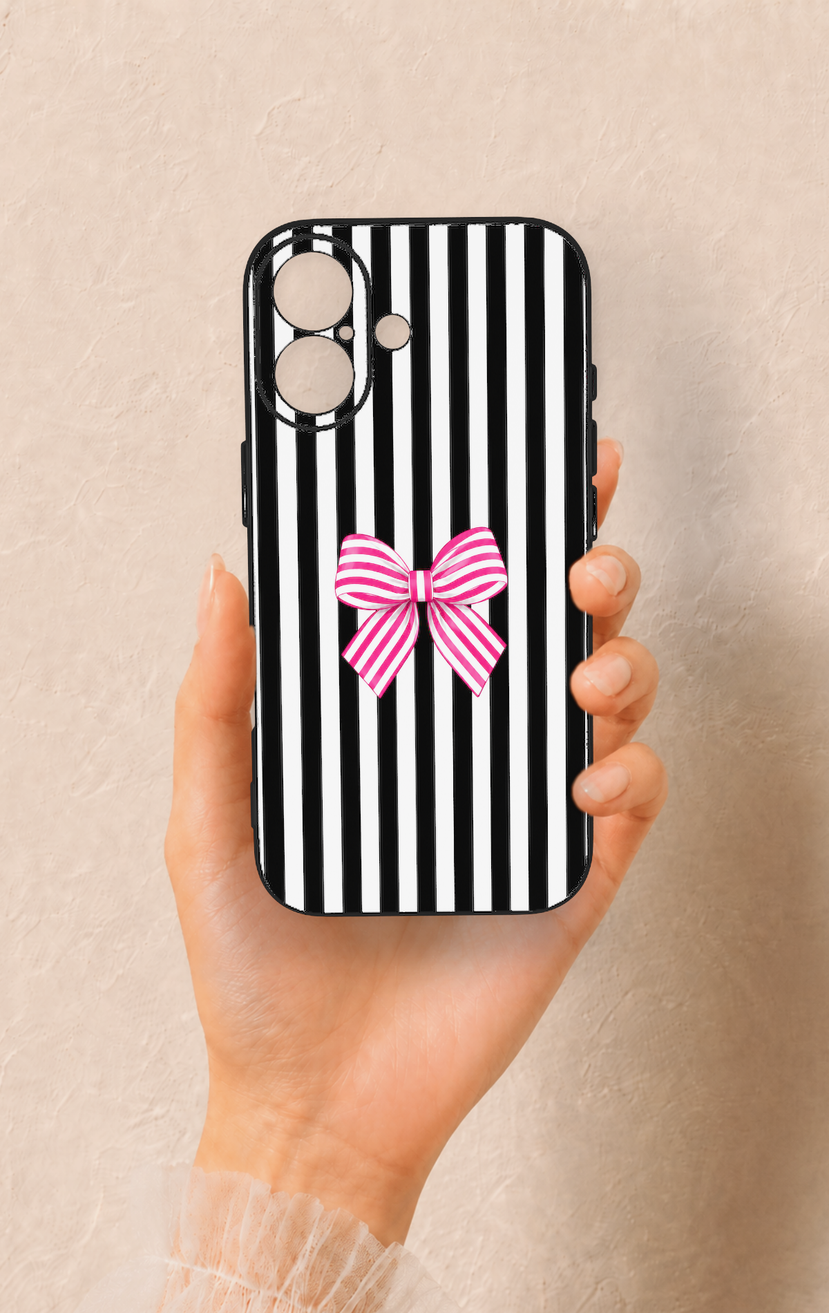 iPhone 17 Uyumlu Pembe Beyaz Kurdele Desenli Silikon Kılıf