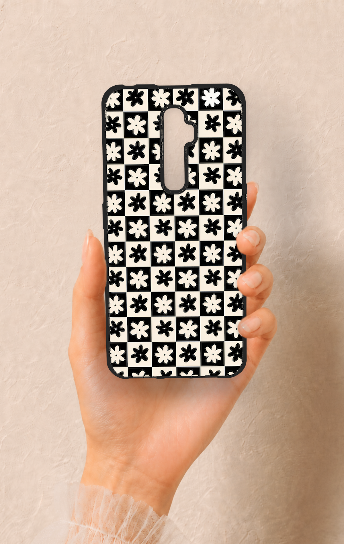 Oppo Reno 2Z Uyumlu Çiçek Motifli Dama Desenli Silikon Kılıf