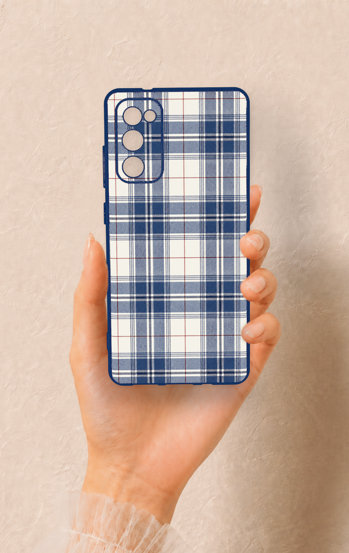 Samsung S20Fe Uyumlu Bej Lacivert Ekose Desenli Silikon Kılıf