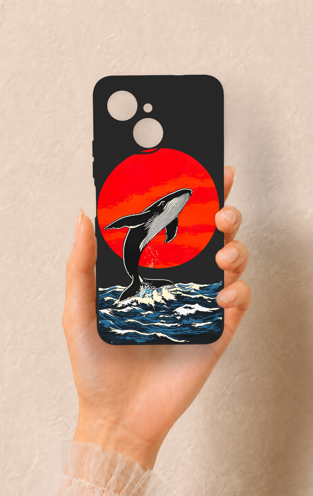 Tecno Spark 40C Uyumlu Kırmızı Güneş Balina Desenli Silikon Kılıf
