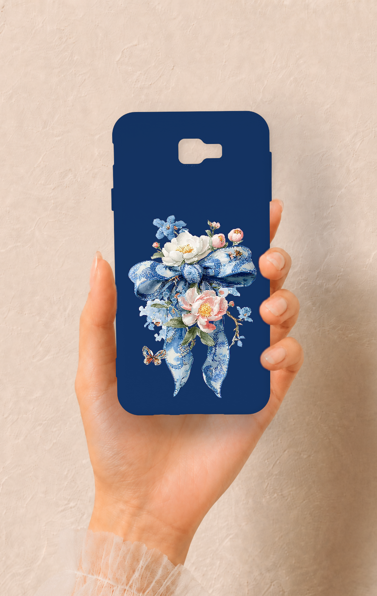 Samsung J7 Prime Uyumlu Mavi Kurdeleli Çiçek Desenli Silikon Kılıf
