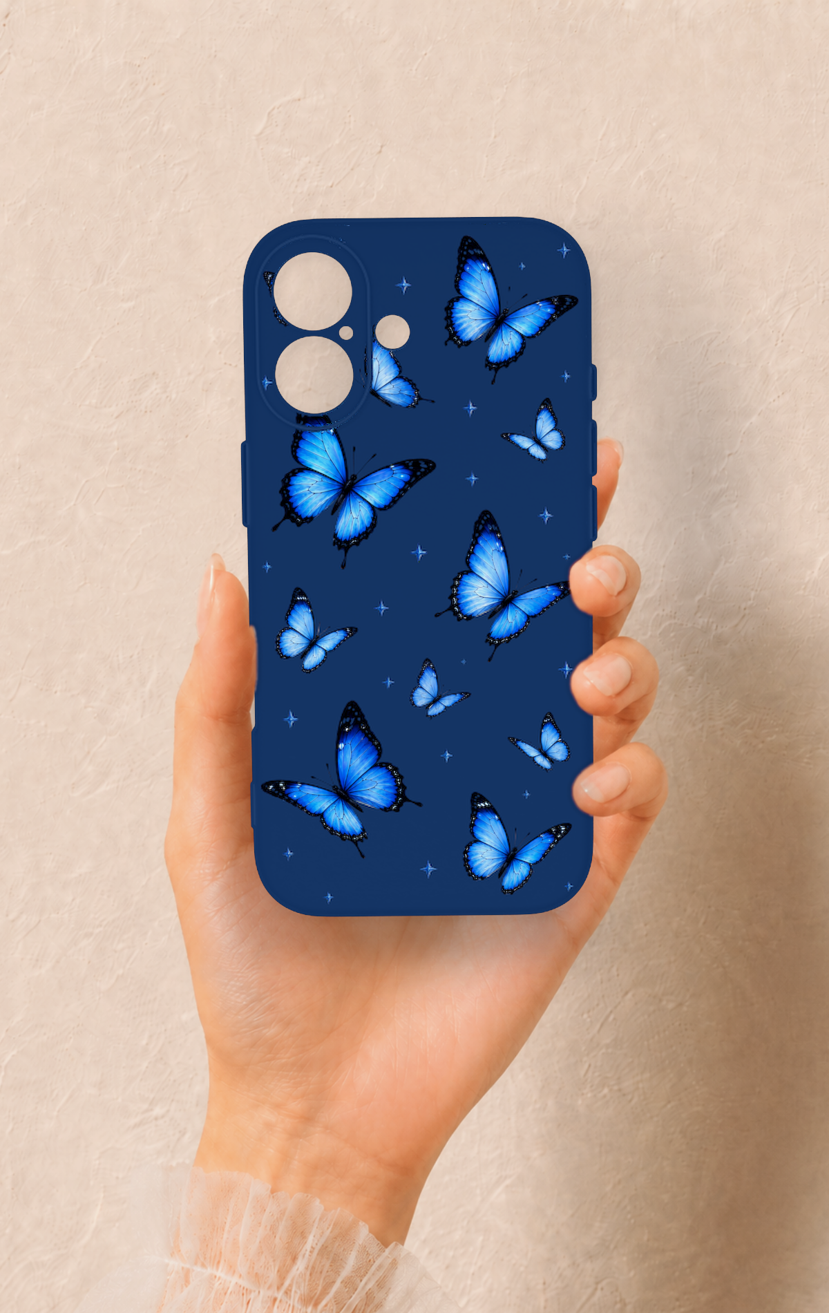 iPhone 17 Uyumlu Parlak Mavi Kelebek Desenli Silikon Kılıf