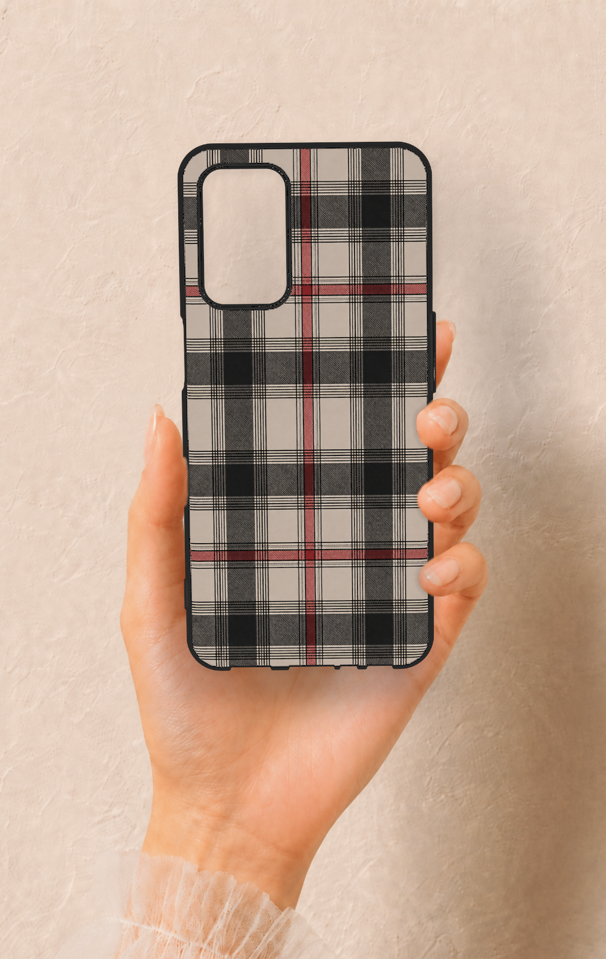 Oppo A55 Uyumlu Siyah Kırmızı Ekose Desenli Silikon Kılıf