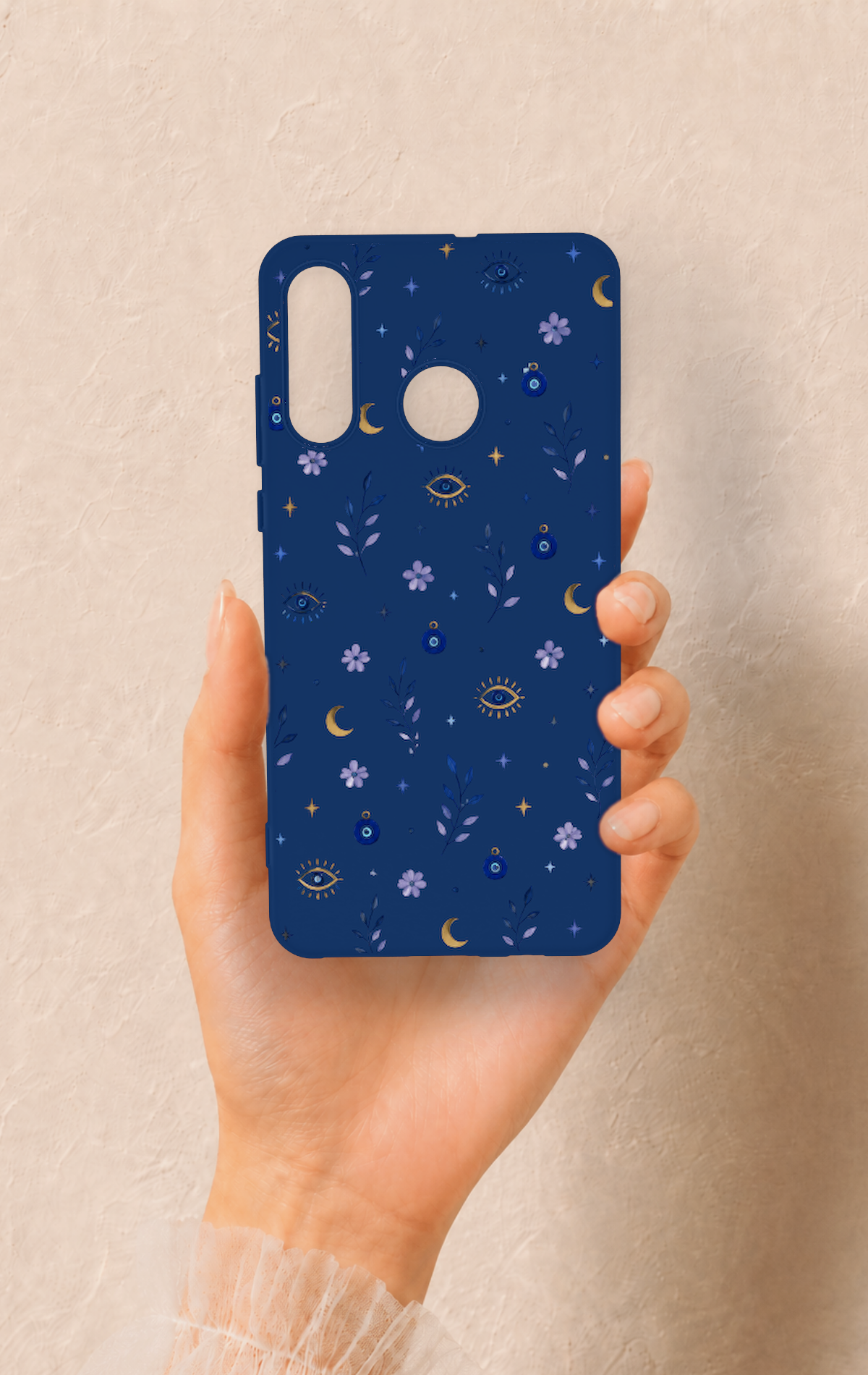 Huawei P30 Lite Uyumlu Mavi Nazar Papatya Desenli Silikon Kılıf