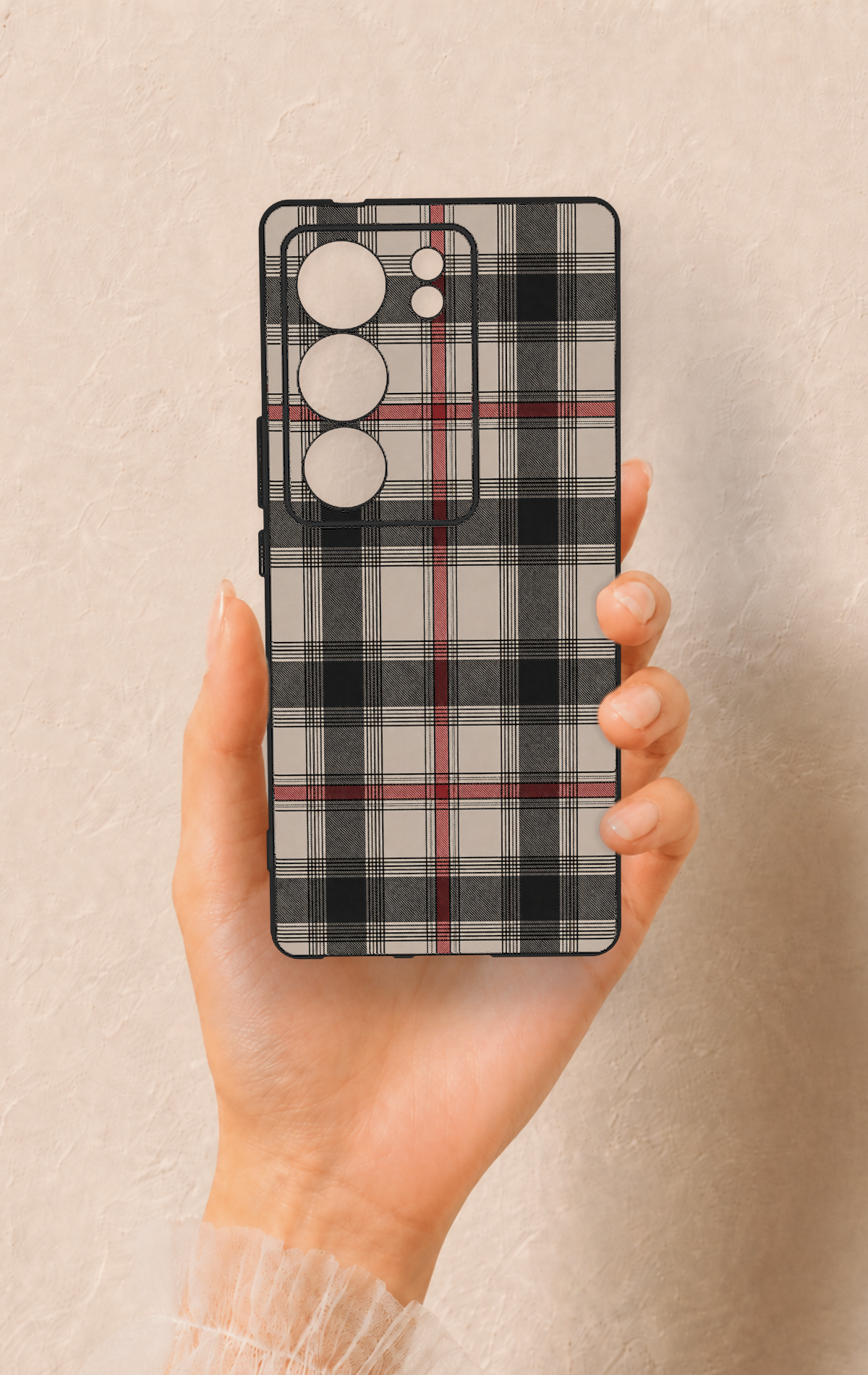 Vivo V29 Uyumlu Siyah Kırmızı Ekose Desenli Silikon Kılıf