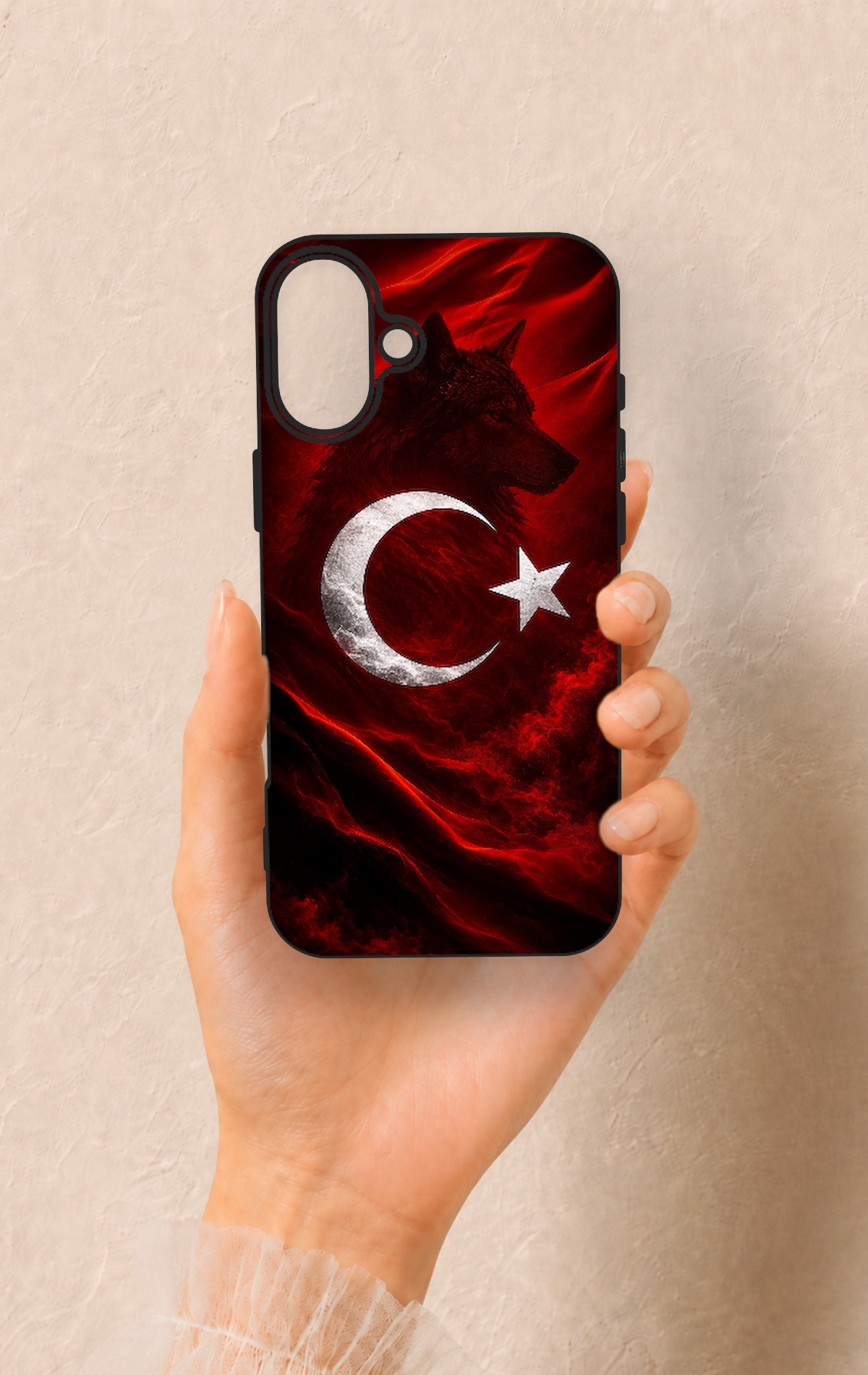 iPhone 16 Plus Uyumlu Kurt Türk Bayrağı Desenli Silikon Kılıf