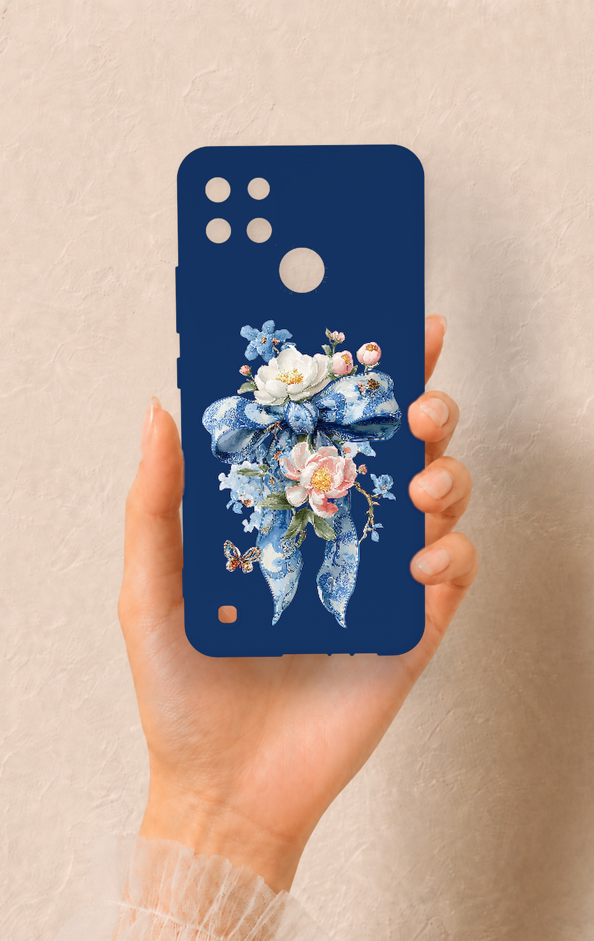 Realme C21Y Uyumlu Mavi Kurdeleli Çiçek Desenli Silikon Kılıf