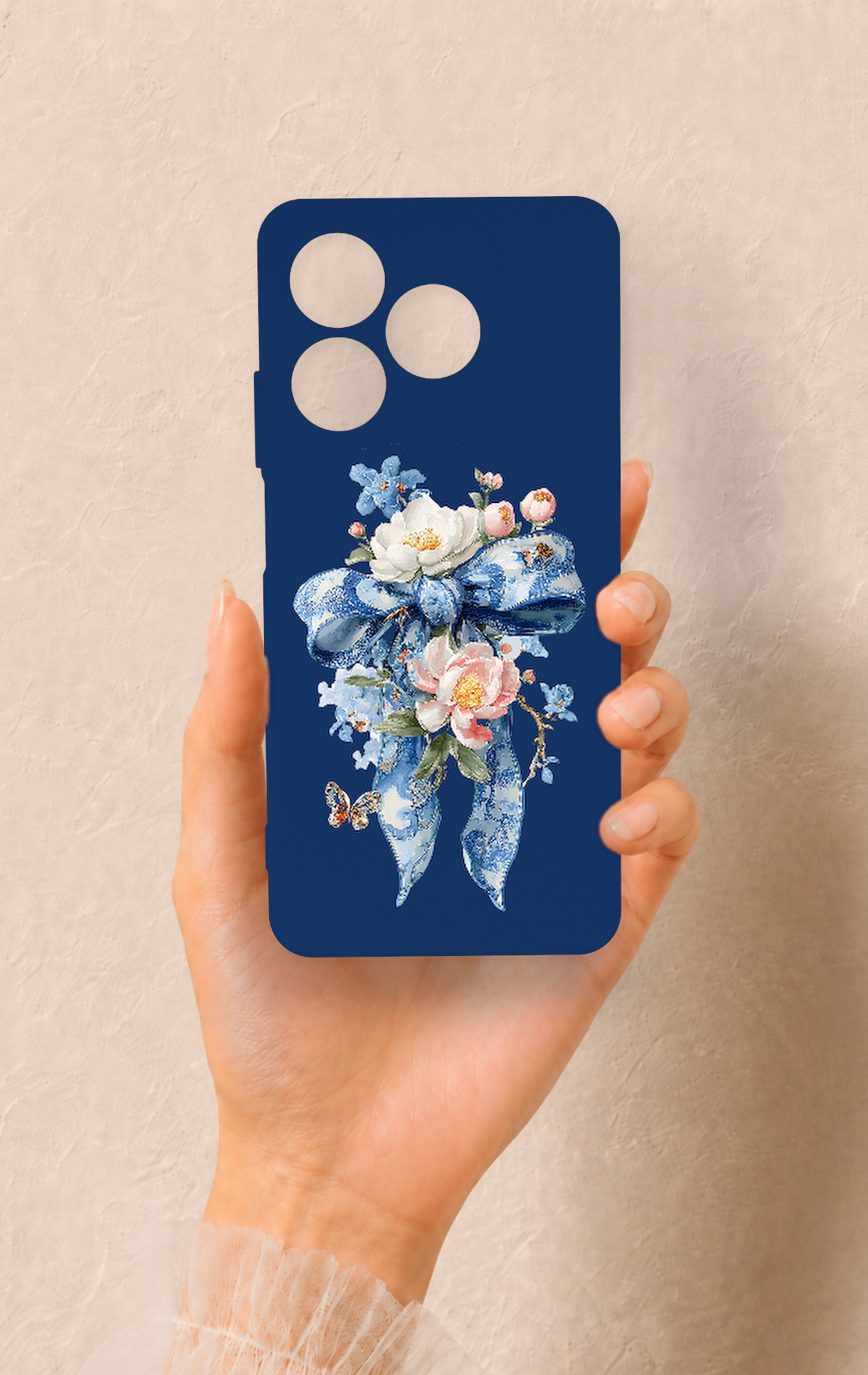 Realme C63 Uyumlu Mavi Kurdeleli Çiçek Desenli Silikon Kılıf