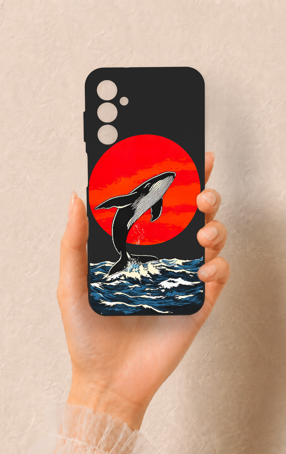 Samsung M14 Uyumlu Kırmızı Güneş Balina Desenli Silikon Kılıf