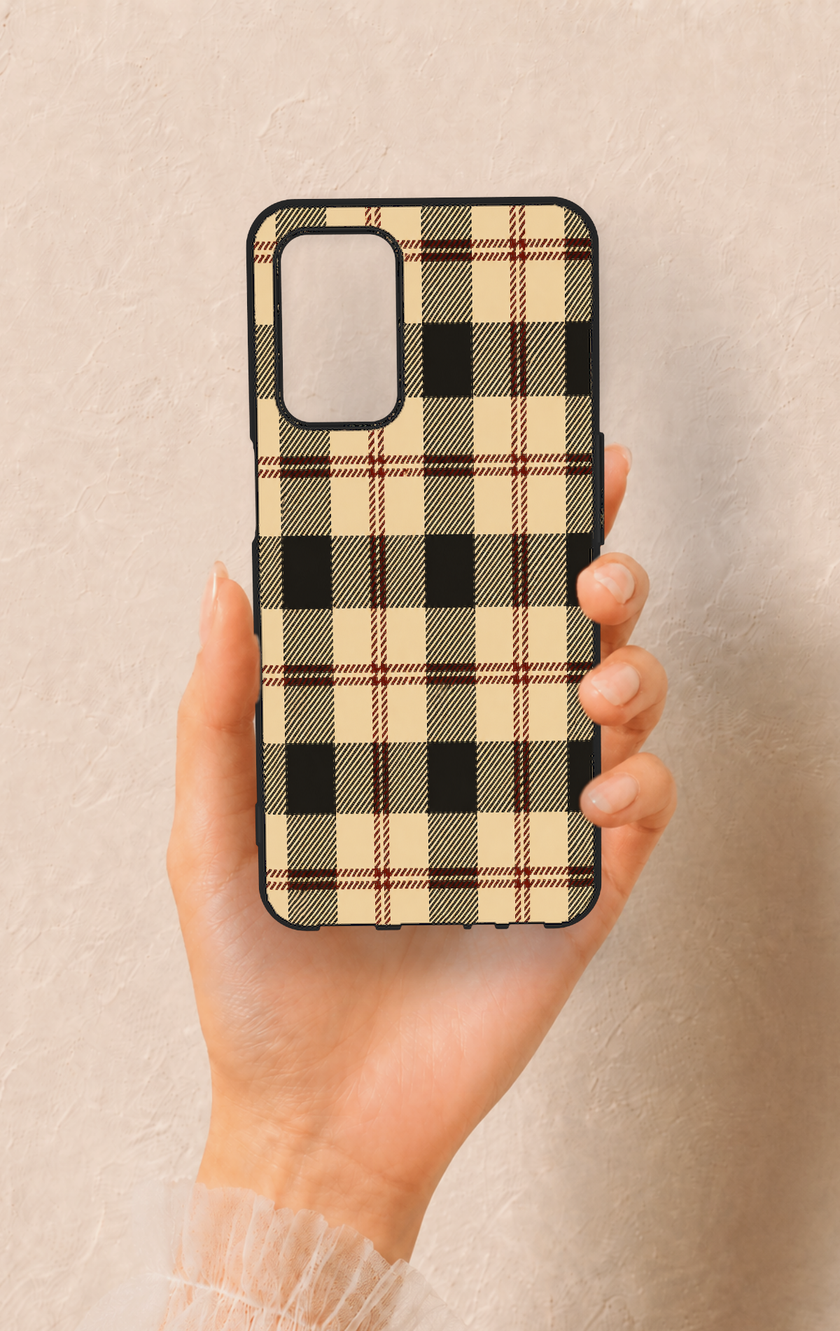 Oppo A55 Uyumlu Krem Ekose Desenli Silikon Kılıf
