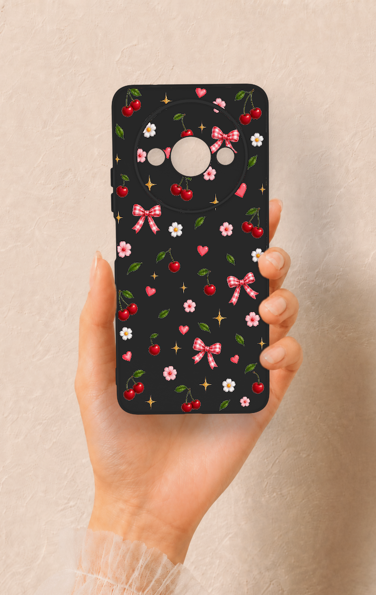 Redmi A3 Uyumlu Papatya Kiraz Fiyonk Desenli Silikon Kılıf