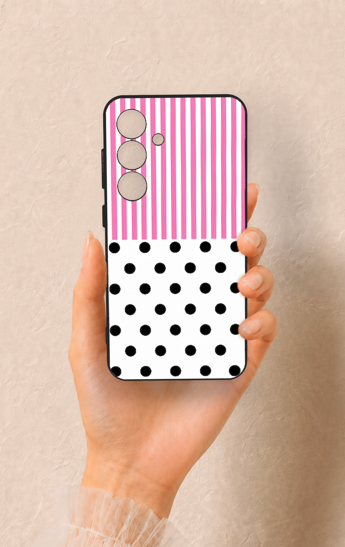 Samsung S24 Uyumlu Pembe Çizgili Puantiye Desenli Silikon Kılıf