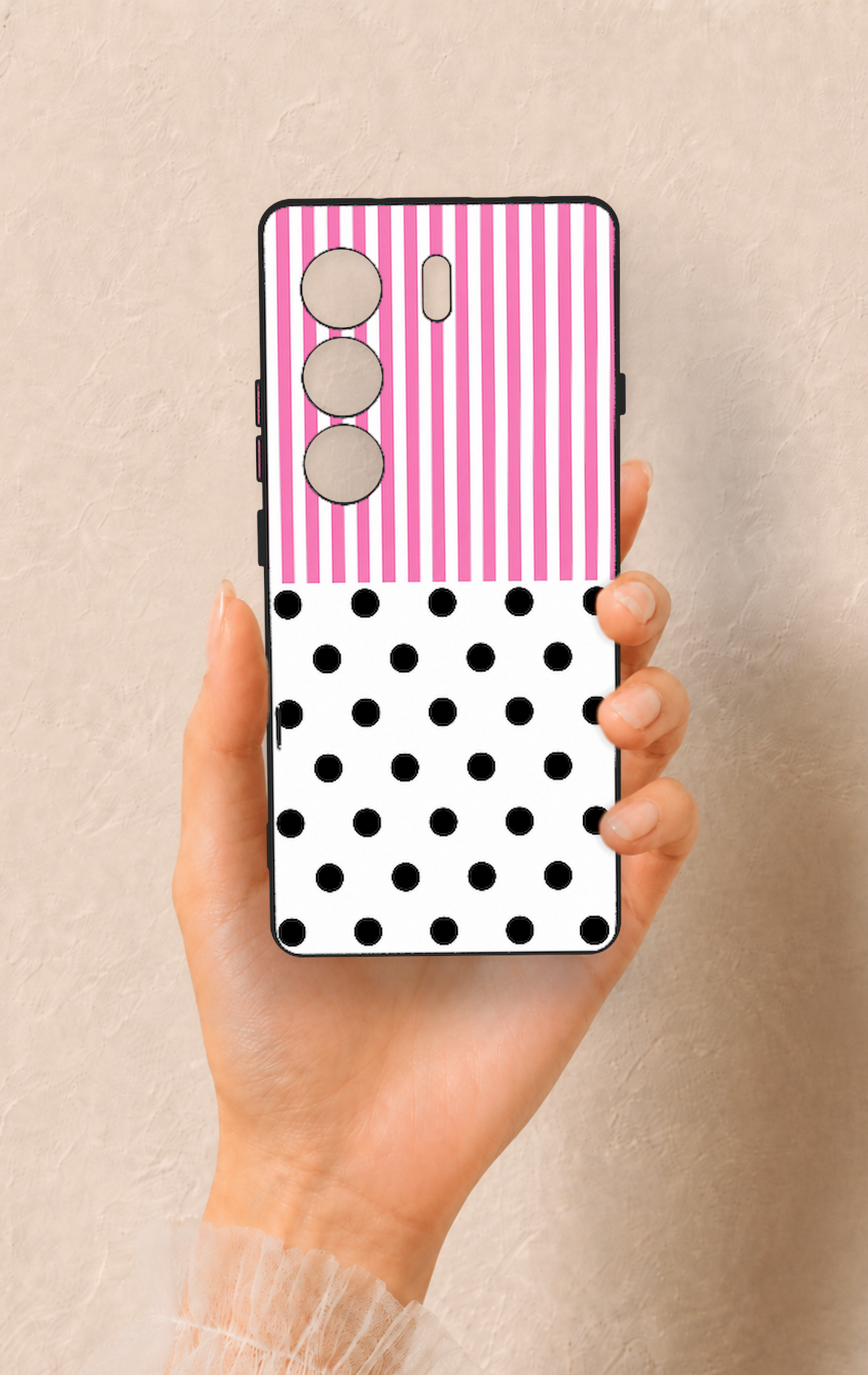Tecno Camon 40 4G Uyumlu Pembe Çizgili Puantiye Desenli Silikon Kılıf