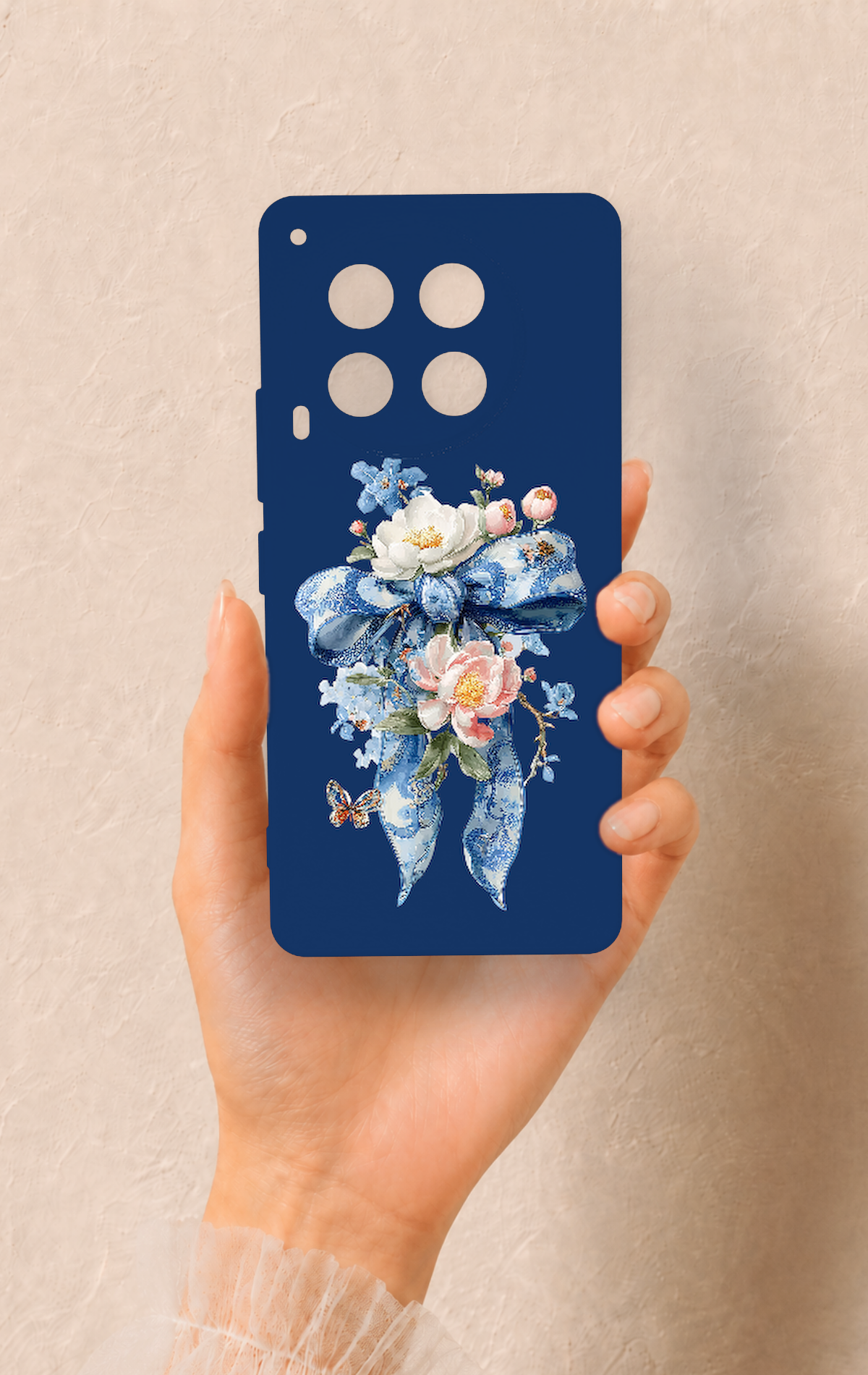 Tecno Camon 30 Uyumlu Mavi Kurdeleli Çiçek Desenli Silikon Kılıf