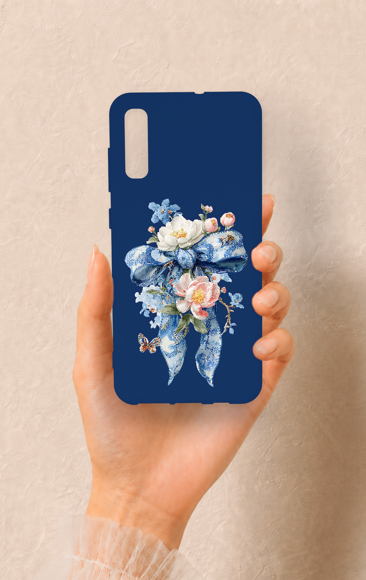 Samsung A70 Uyumlu Mavi Kurdeleli Çiçek Desenli Silikon Kılıf
