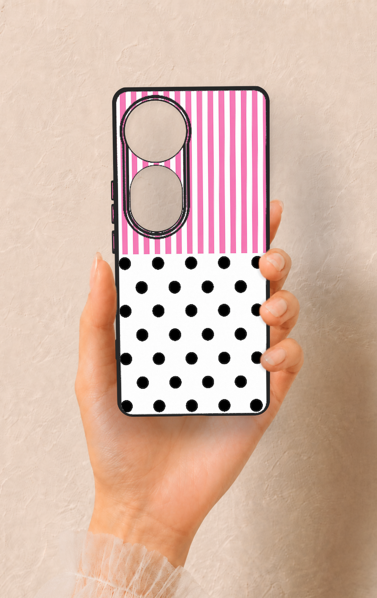 Vivo V40 Uyumlu Pembe Çizgili Puantiye Desenli Silikon Kılıf