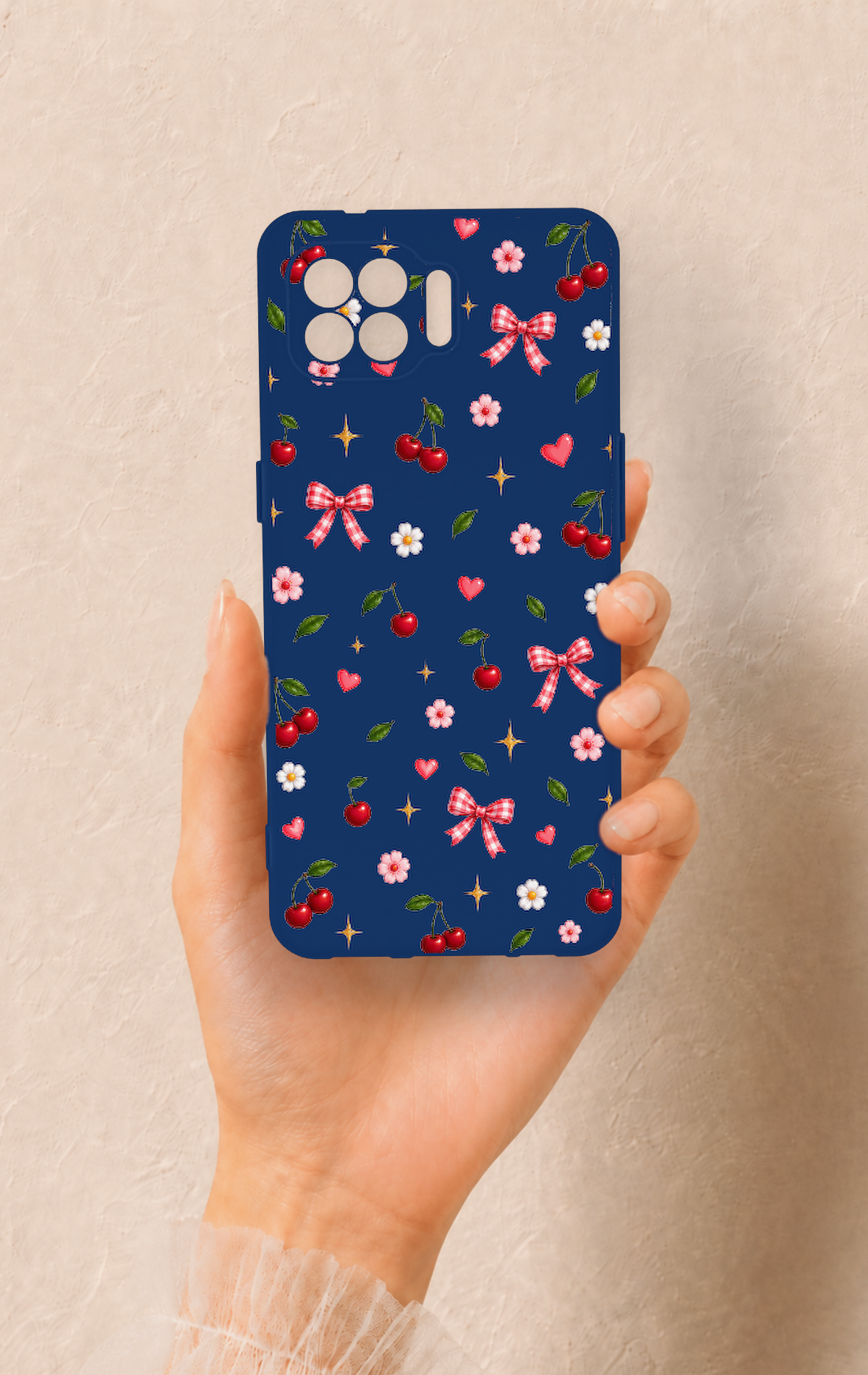 Oppo Reno 4 Lite Uyumlu Çiçek Kiraz Fiyonk Desenli Silikon Kılıf