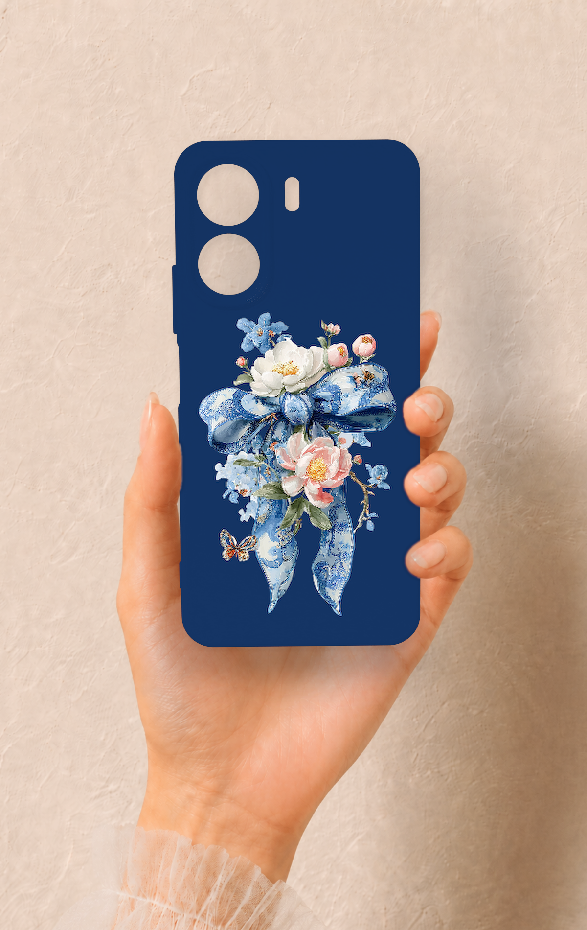 Redmi 13C Uyumlu Mavi Kurdeleli Çiçek Desenli Silikon Kılıf