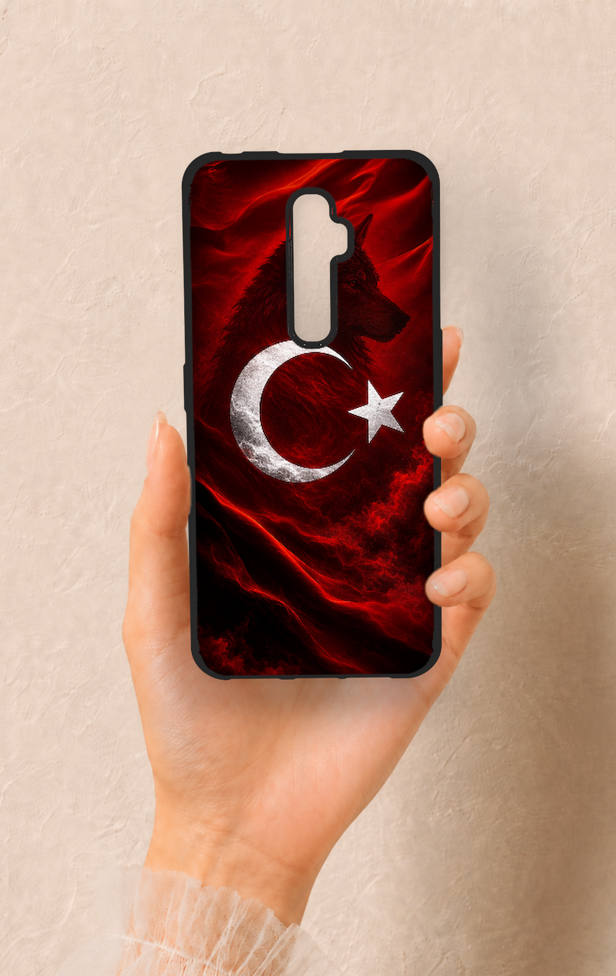 Oppo Reno 2Z Uyumlu Kurt Türk Bayrağı Desenli Silikon Kılıf