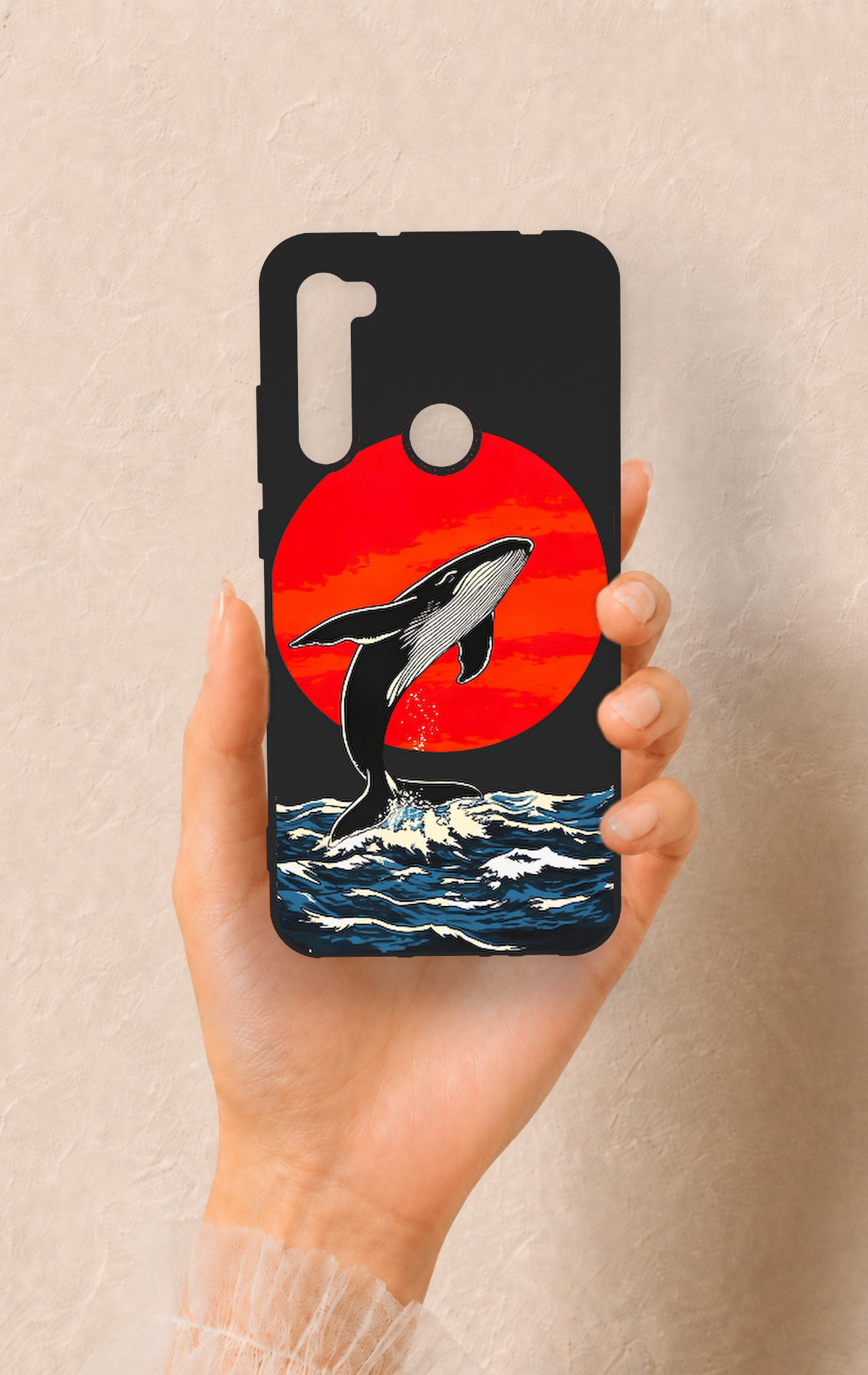 Redmi Note 8 Uyumlu Kırmızı Güneş Balina Desenli Silikon Kılıf