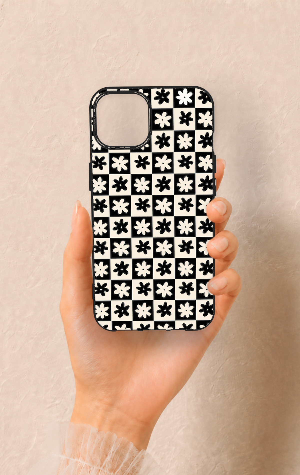 iPhone 14 Uyumlu Çiçek Motifli Dama Desenli Silikon Kılıf