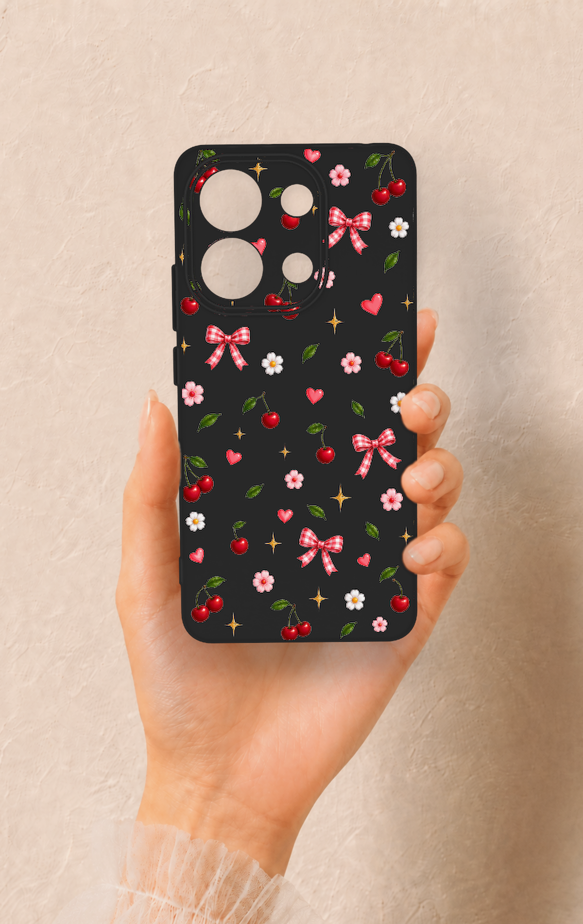 Redmi Note 13 4G Uyumlu Papatya Kiraz Fiyonk Desenli Silikon Kılıf