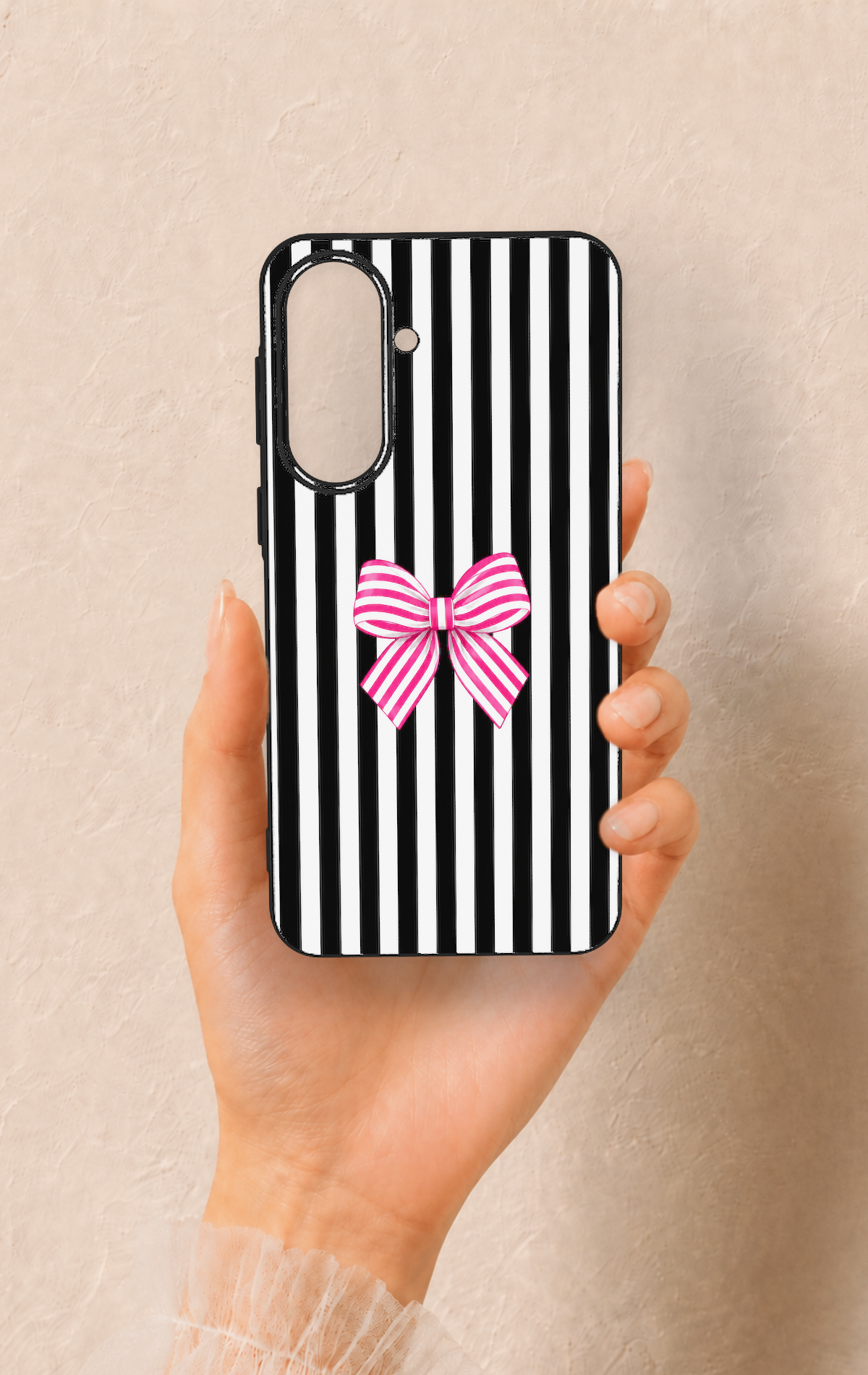 Samsung A37 Uyumlu Pembe Beyaz Kurdele Desenli Silikon Kılıf