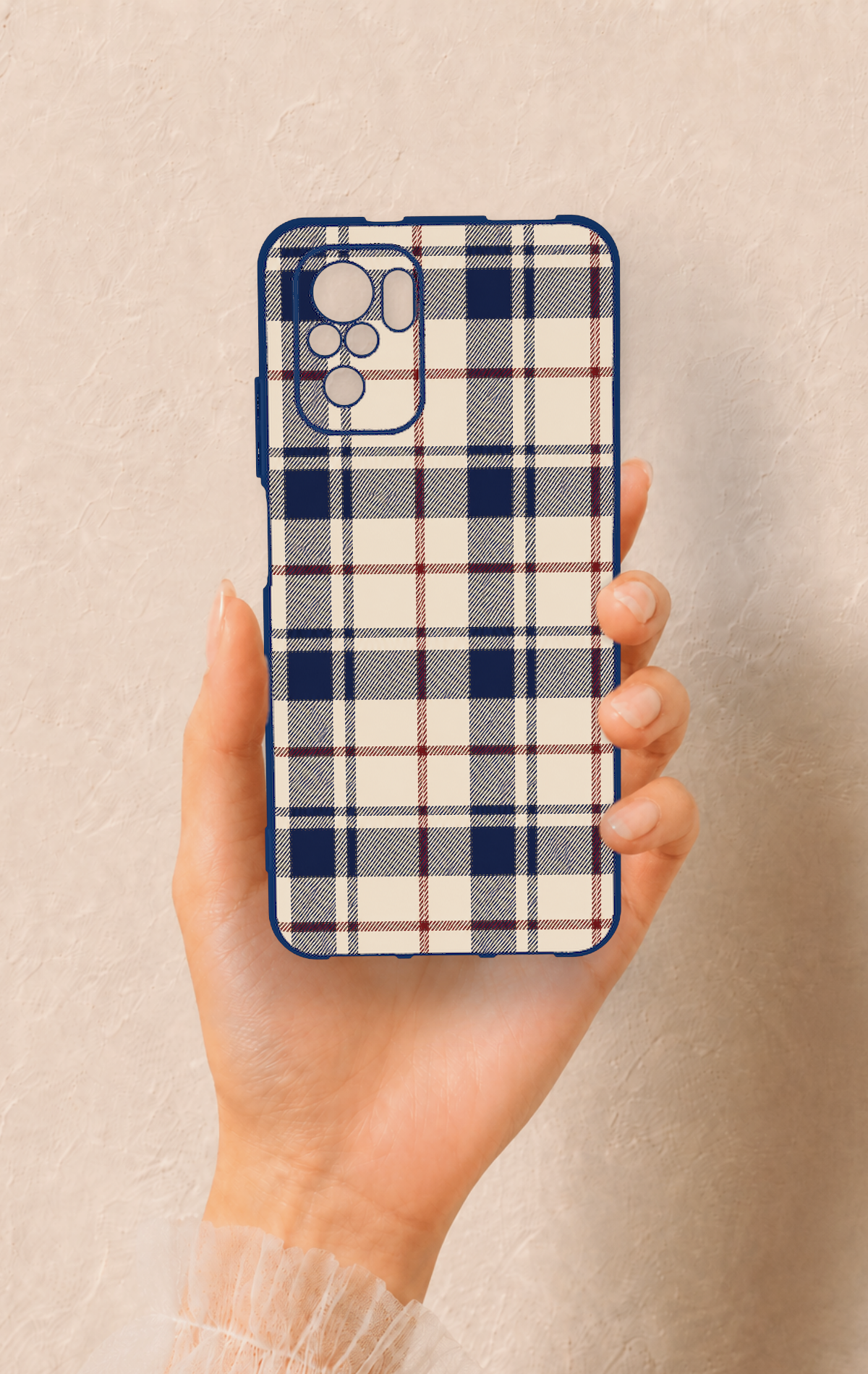 Redmi Note 10-10S Uyumlu Mavi Bordo Çizgili Ekose Desenli Silikon Kılıf