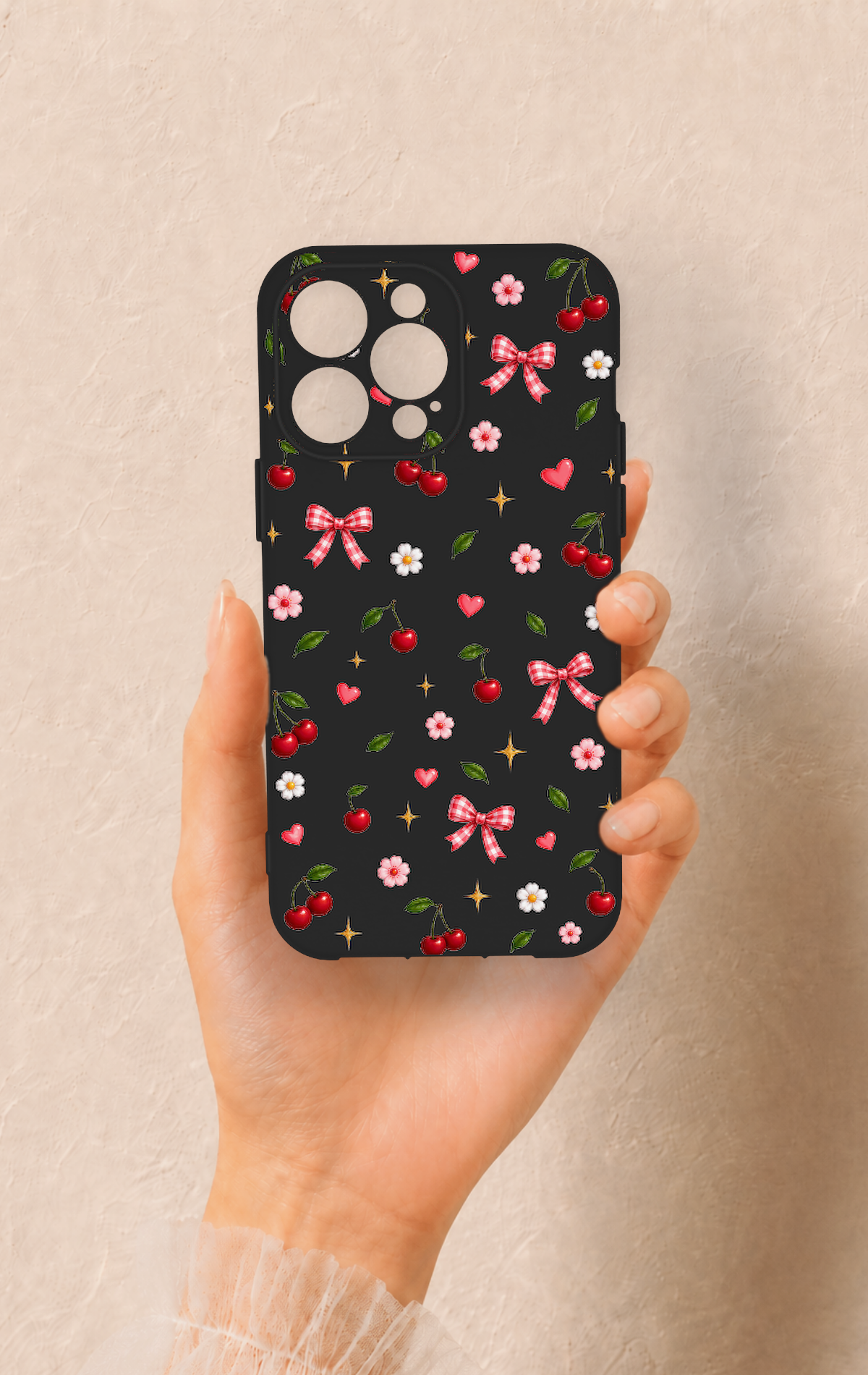 iPhone 13 Pro Max Uyumlu Papatya Kiraz Fiyonk Desenli Silikon Kılıf