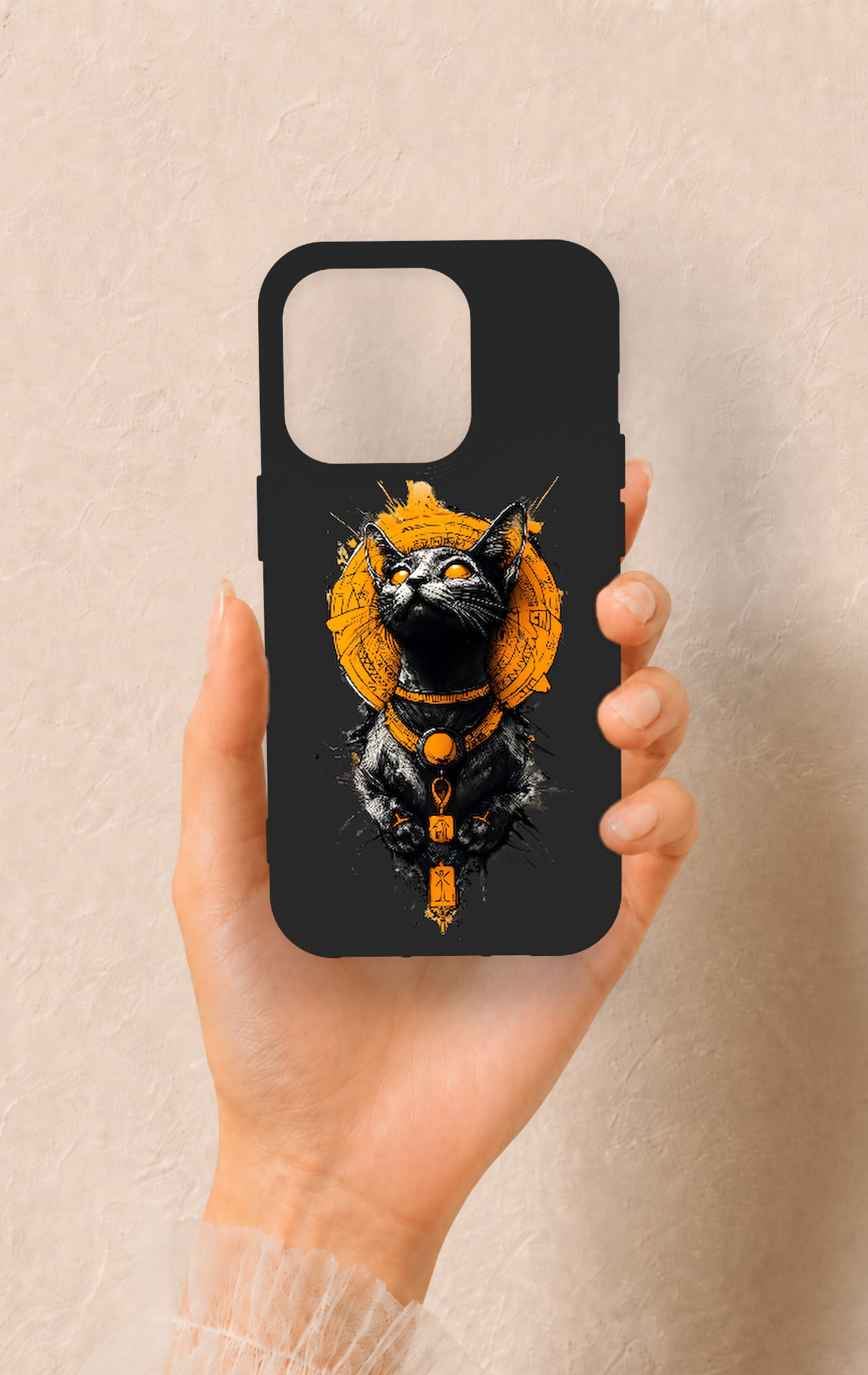 iPhone 14 Pro Uyumlu Mısırlı Kedi Tanrısı Desenli Silikon Kılıf