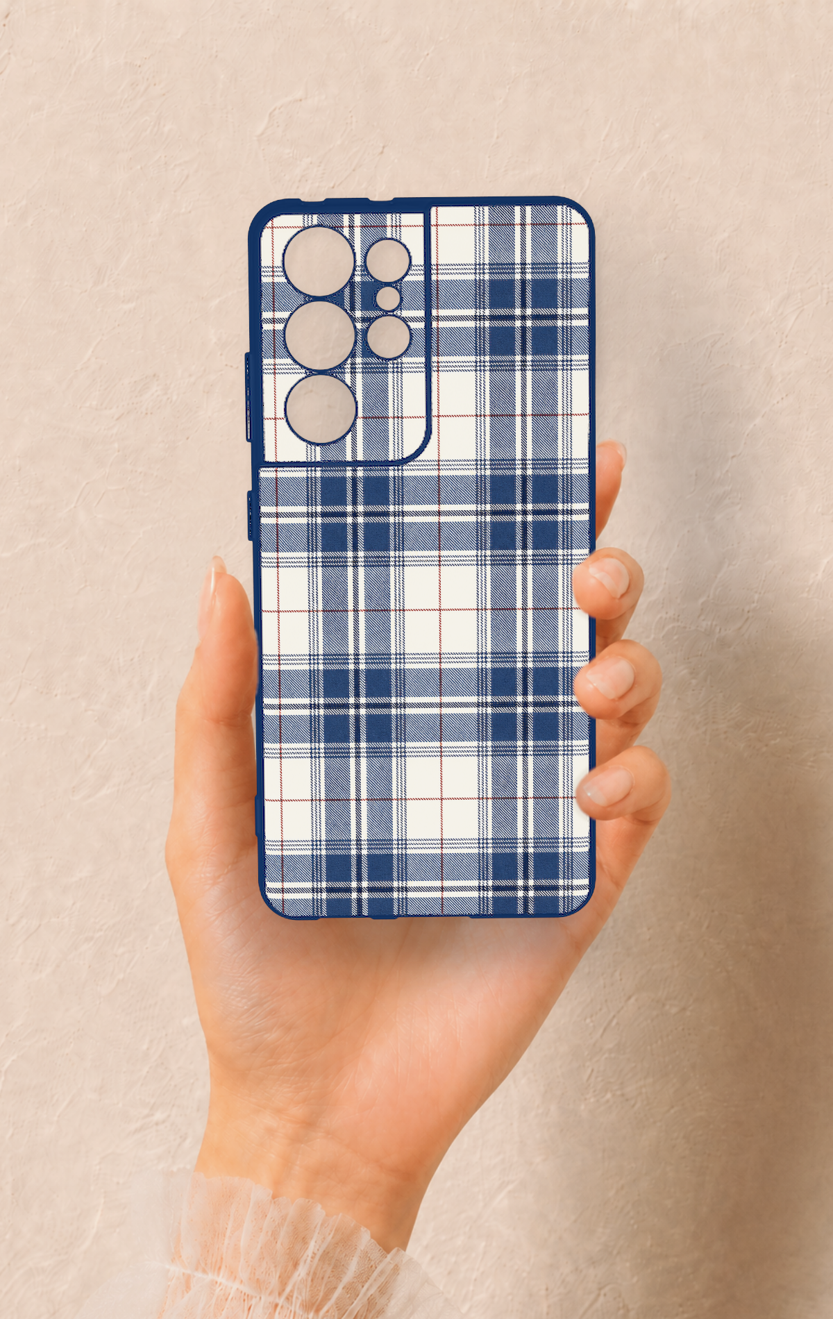 Samsung S21 Ultra Uyumlu Bej Lacivert Ekose Desenli Silikon Kılıf