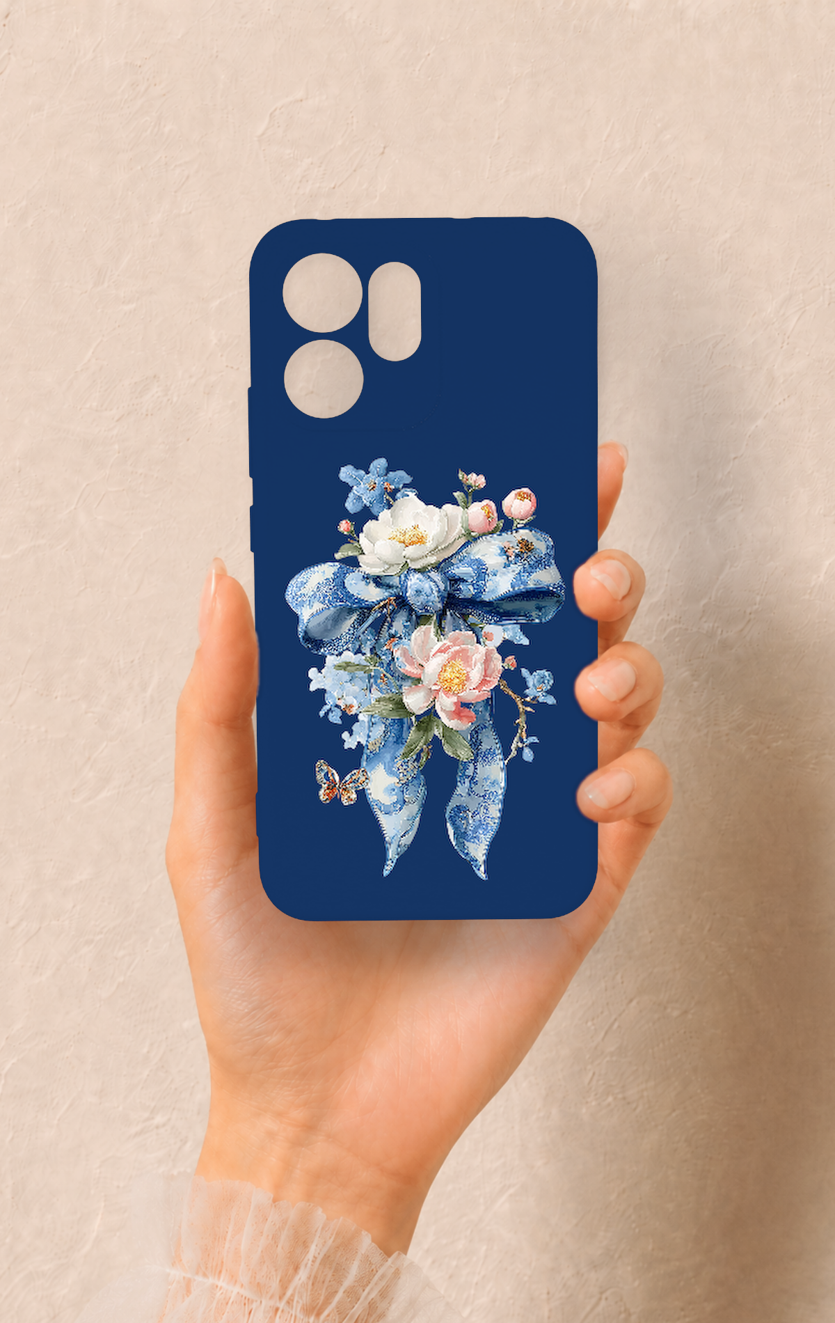 Oppo Reno 14F Uyumlu Mavi Kurdeleli Çiçek Desenli Silikon Kılıf
