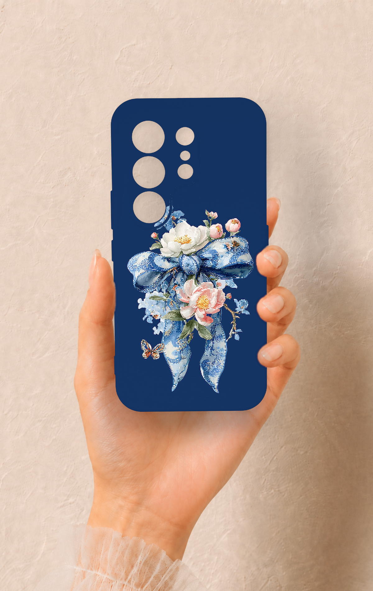 Tecno Camon 50 4G Uyumlu Mavi Kurdeleli Çiçek Desenli Silikon Kılıf