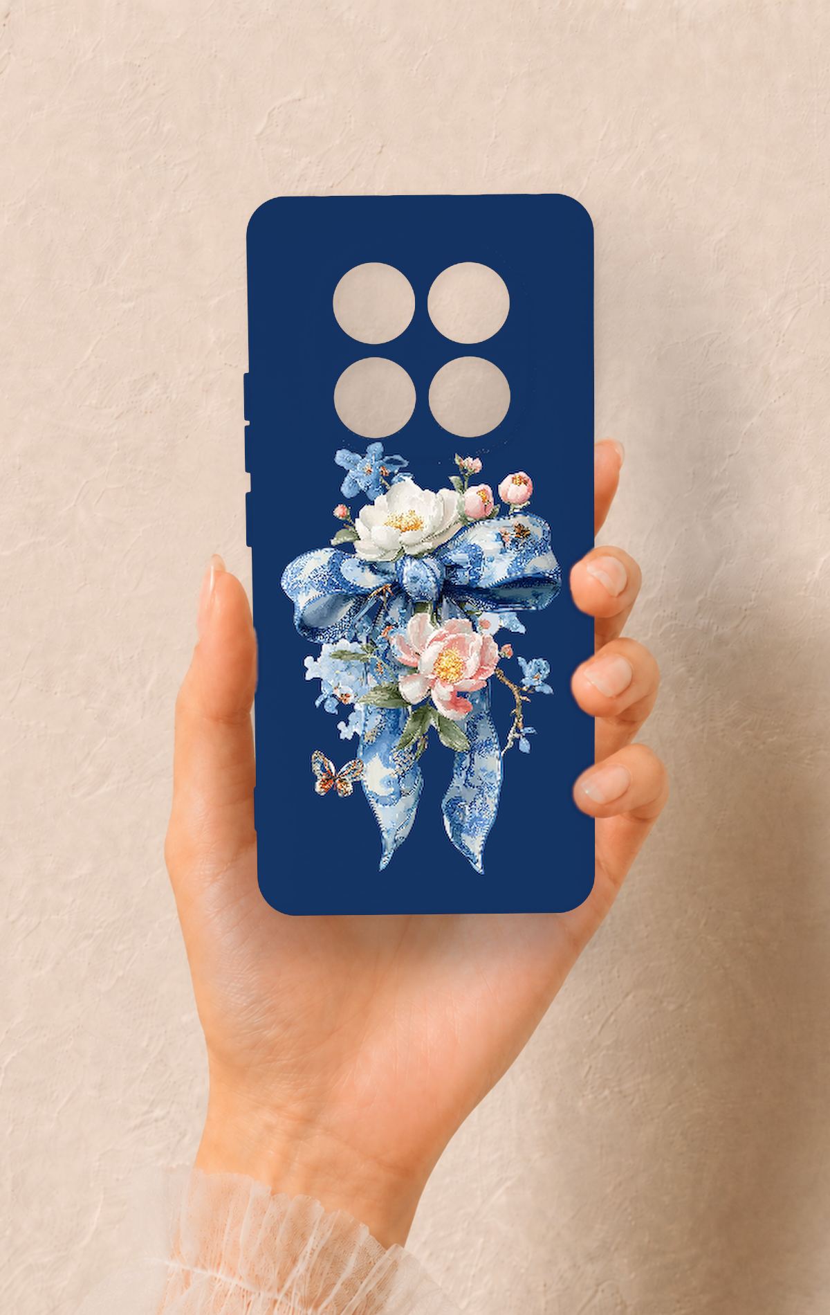 Redmi Note 14 Pro 5G Uyumlu Mavi Kurdeleli Çiçek Desenli Silikon Kılıf