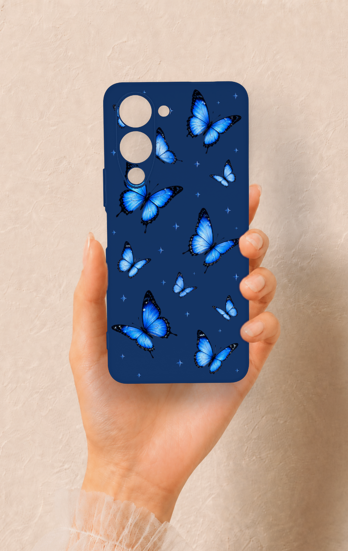 Vivo Y19 5G Uyumlu Parlak Mavi Kelebek Desenli Silikon Kılıf