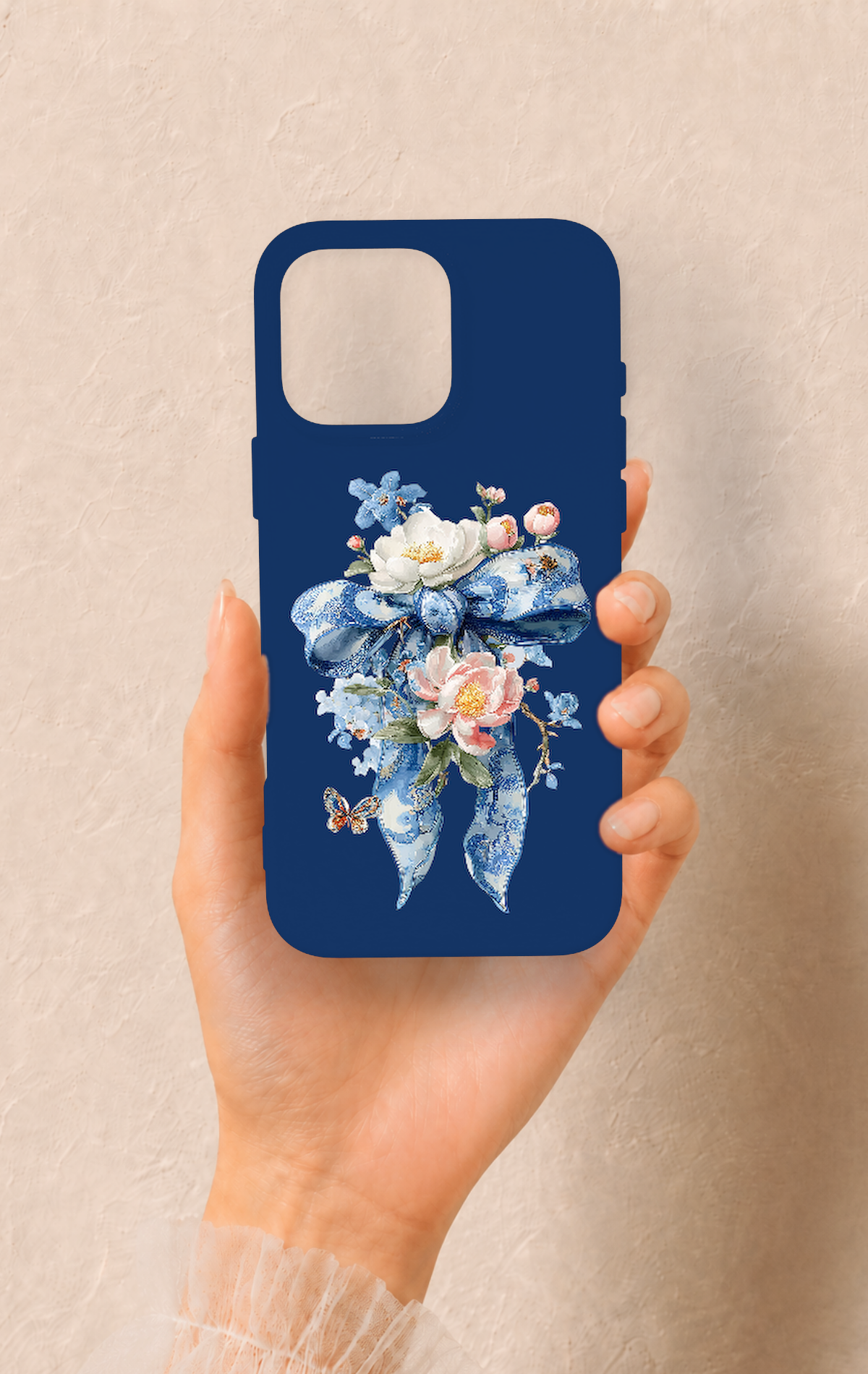 iPhone 16 Pro Max Uyumlu Mavi Kurdeleli Çiçek Desenli Silikon Kılıf