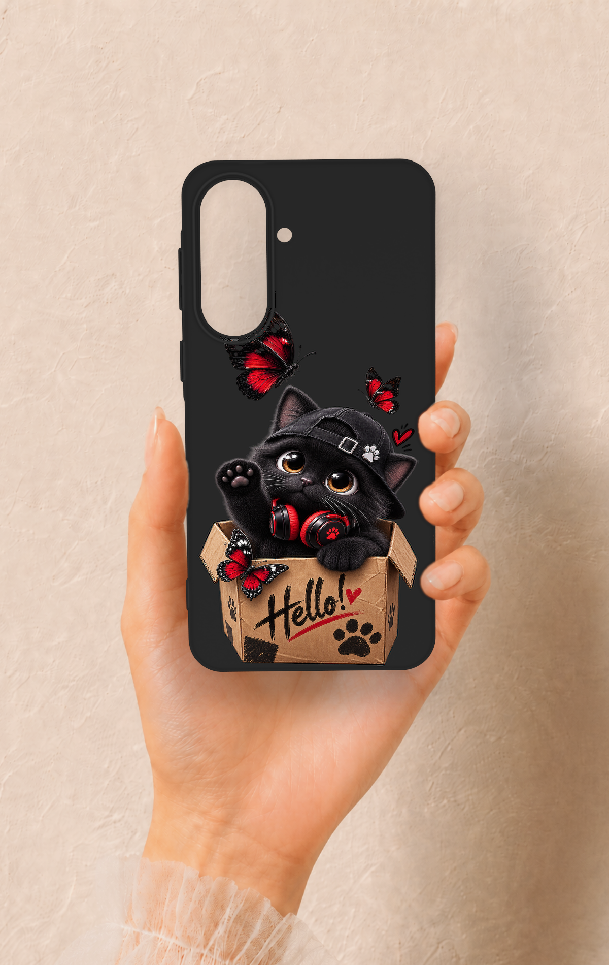 Samsung A57 Uyumlu Hello Cat Desenli Silikon Kılıf