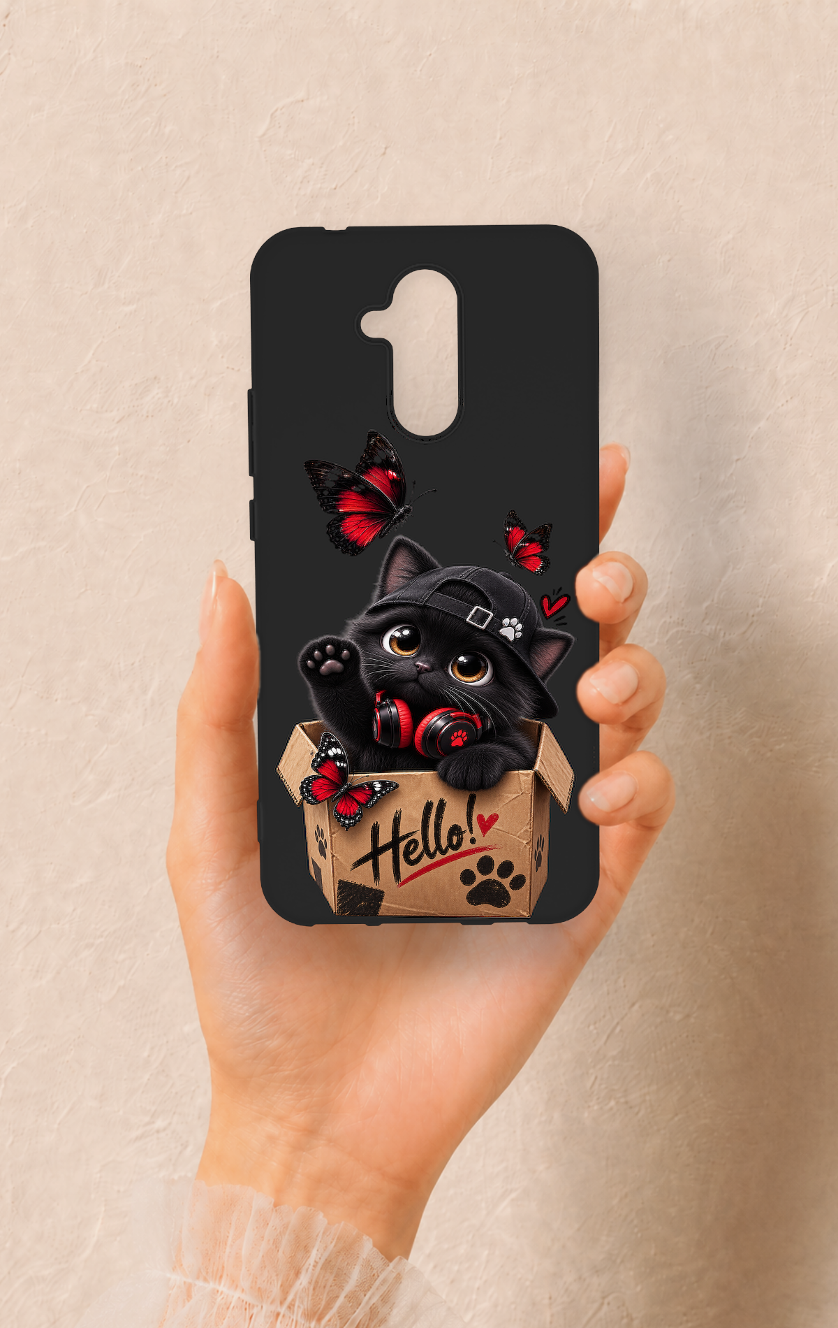 Huawei Mate 20 Lite Uyumlu Hello Cat Desenli Silikon Kılıf