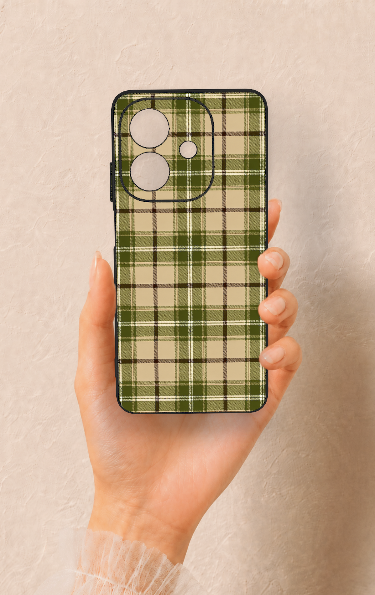 Oppo A3 Uyumlu Zeytin Yeşili Ekose Desenli Silikon Kılıf