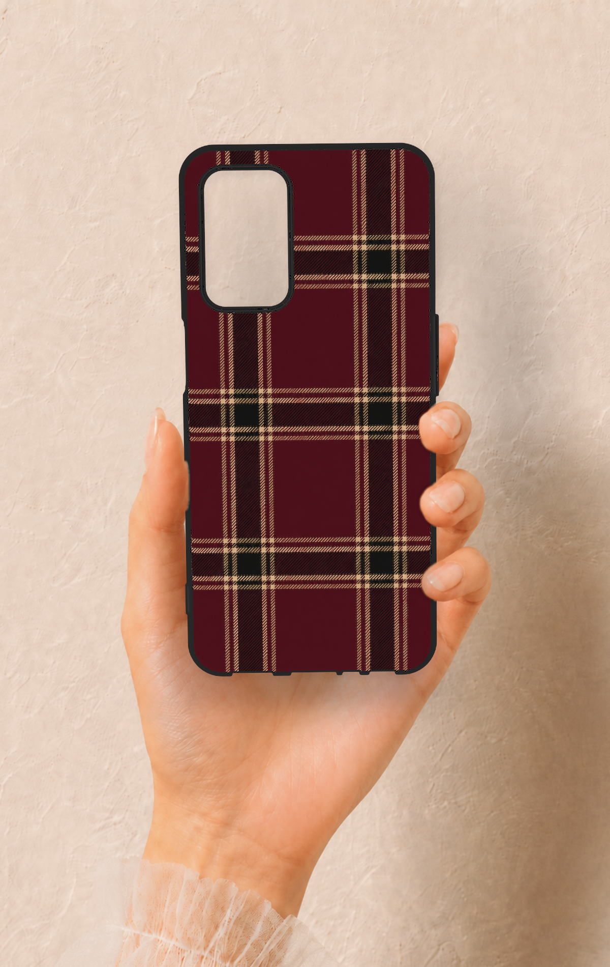 Oppo A55 Uyumlu Bordo Siyah Ekose Desenli Silikon Kılıf
