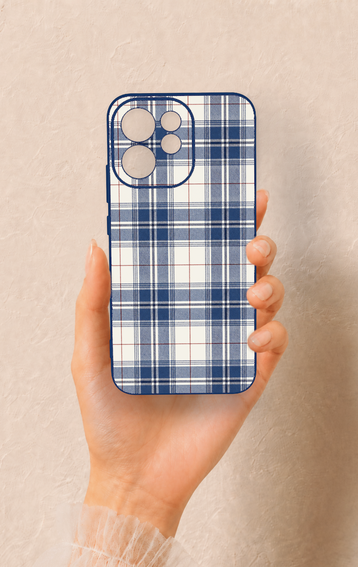 Oppo Reno 15F Uyumlu Bej Lacivert Ekose Desenli Silikon Kılıf