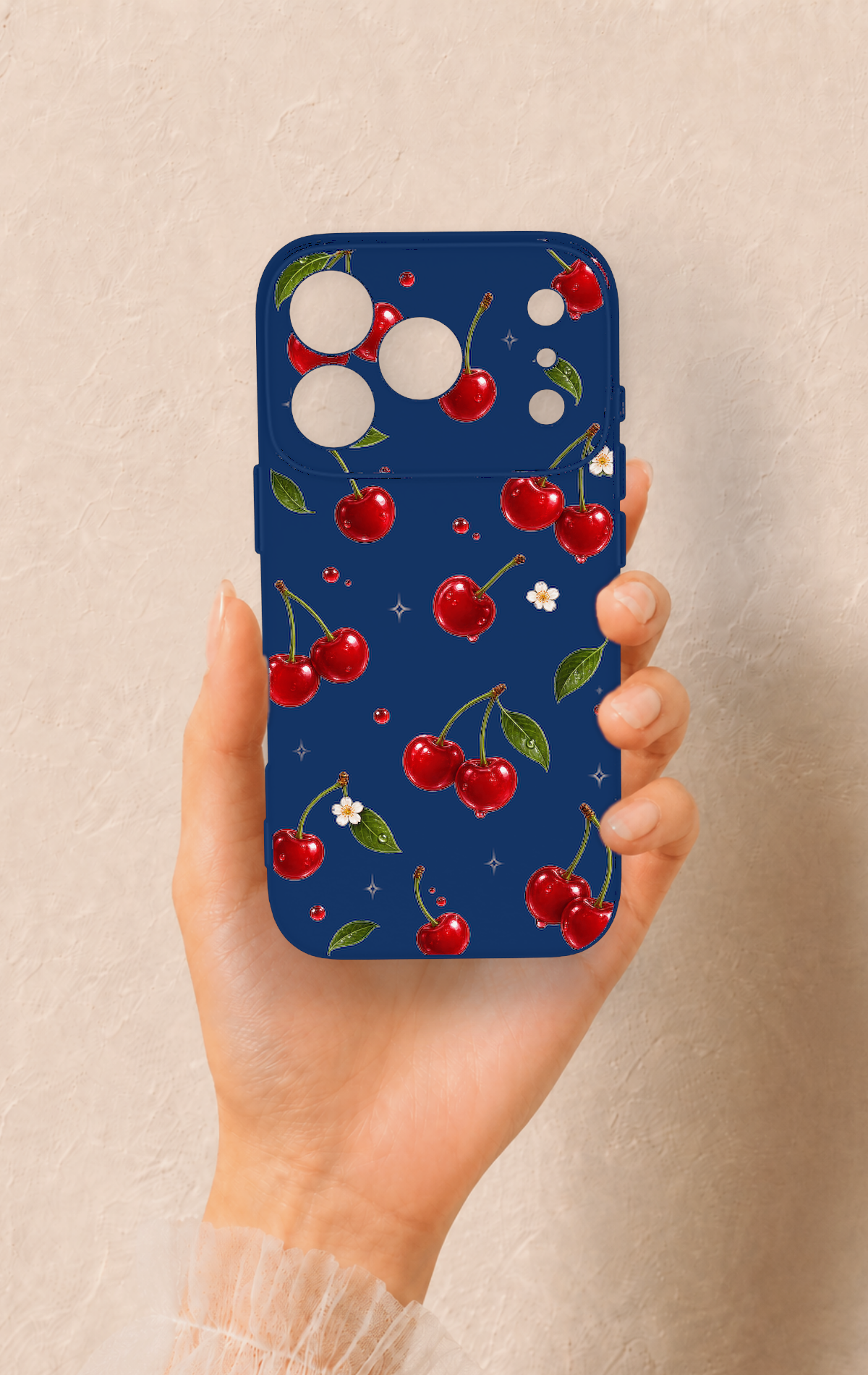 iPhone 17 Pro Uyumlu Kiraz Papatya Desenli Silikon Kılıf