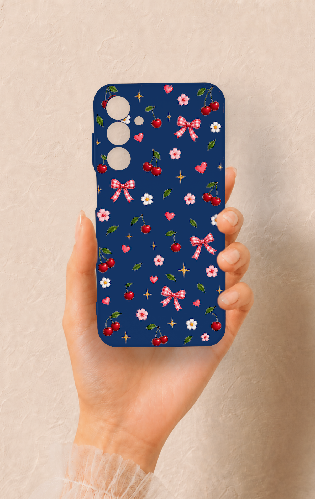 Samsung A25 Uyumlu Çiçek Kiraz Fiyonk Desenli Silikon Kılıf