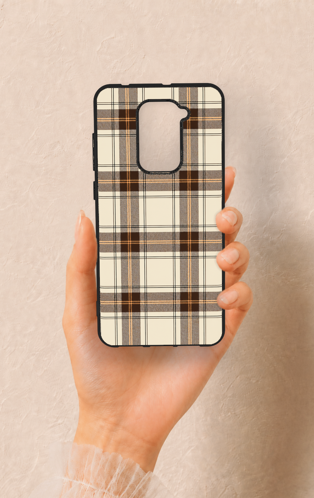 Redmi Note 9 Uyumlu Bej Kahverengi Ekose Desenli Silikon Kılıf