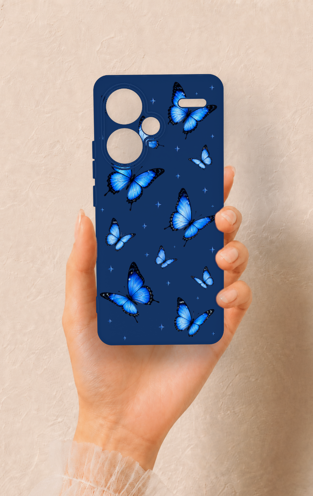 Redmi Note 13 Pro Plus Uyumlu Parlak Mavi Kelebek Desenli Silikon Kılıf
