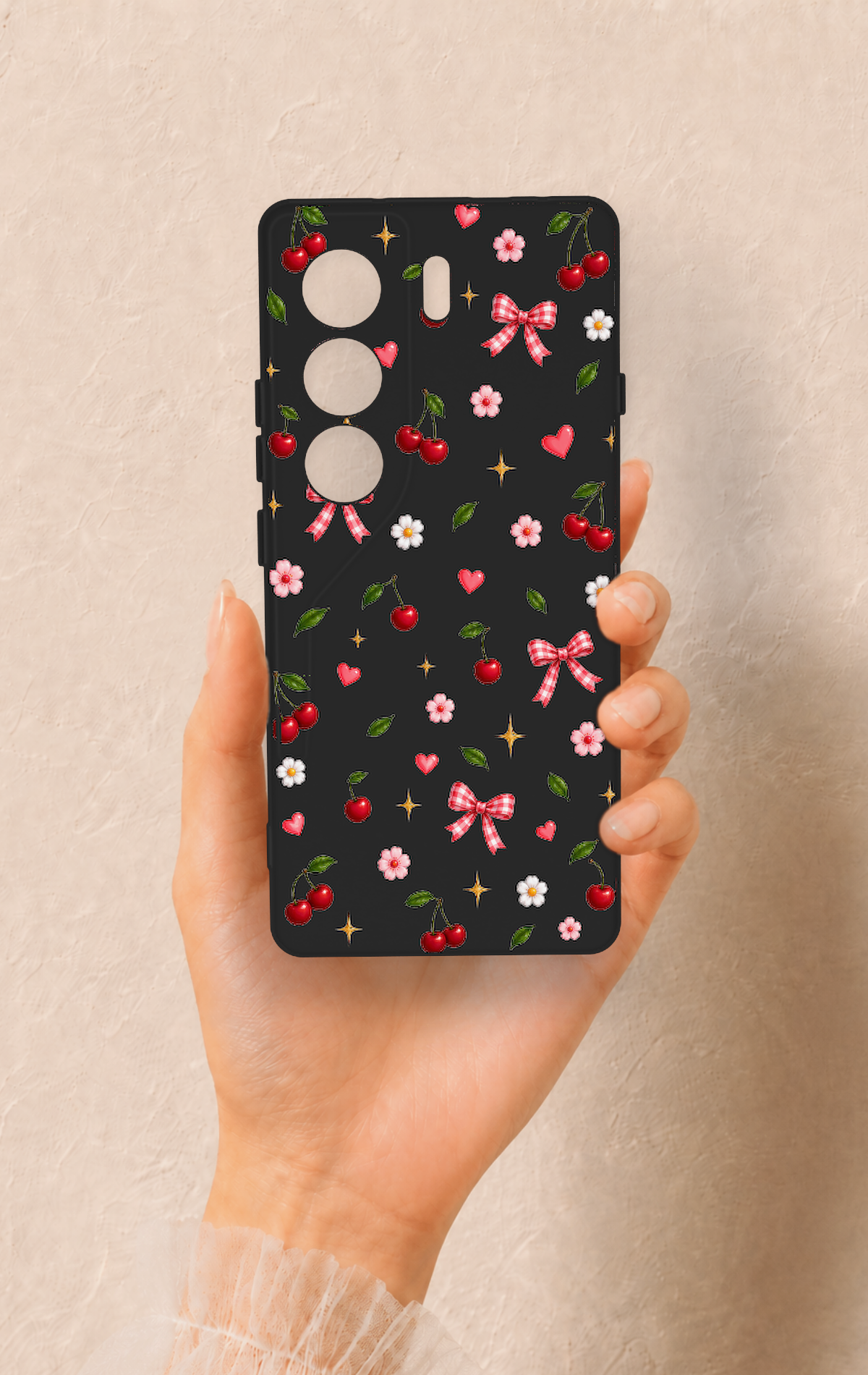 Tecno Camon 40 4G Uyumlu Papatya Kiraz Fiyonk Desenli Silikon Kılıf