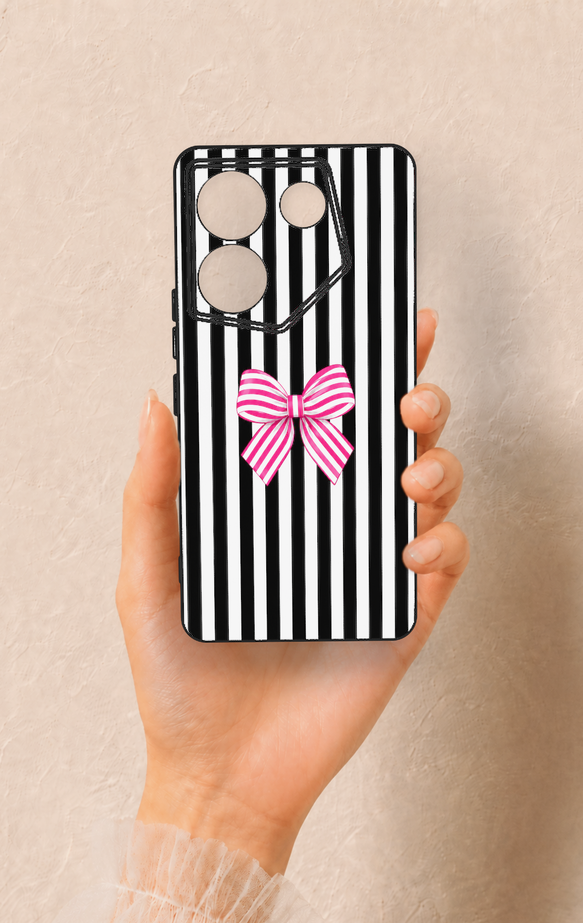 Tecno Caman 20 Pro 5G Uyumlu Pembe Beyaz Kurdele Desenli Silikon Kılıf