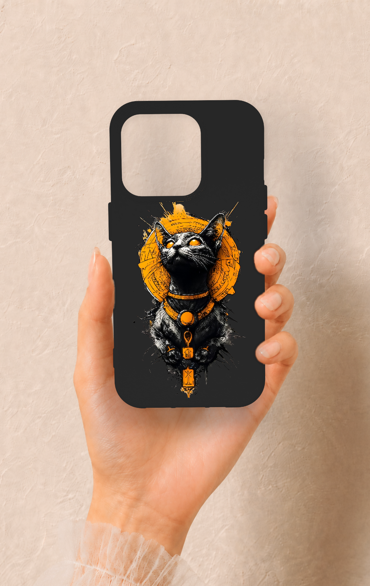iPhone 15 Pro Uyumlu Mısırlı Kedi Tanrısı Desenli Silikon Kılıf