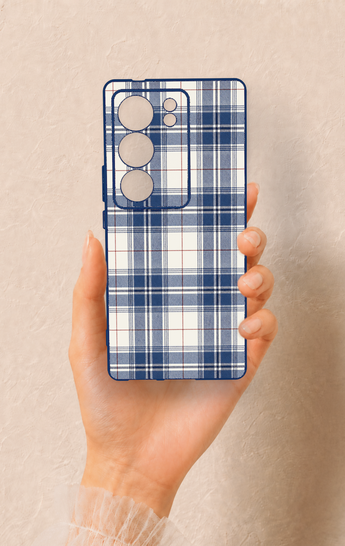 Vivo V29 Uyumlu Bej Lacivert Ekose Desenli Silikon Kılıf