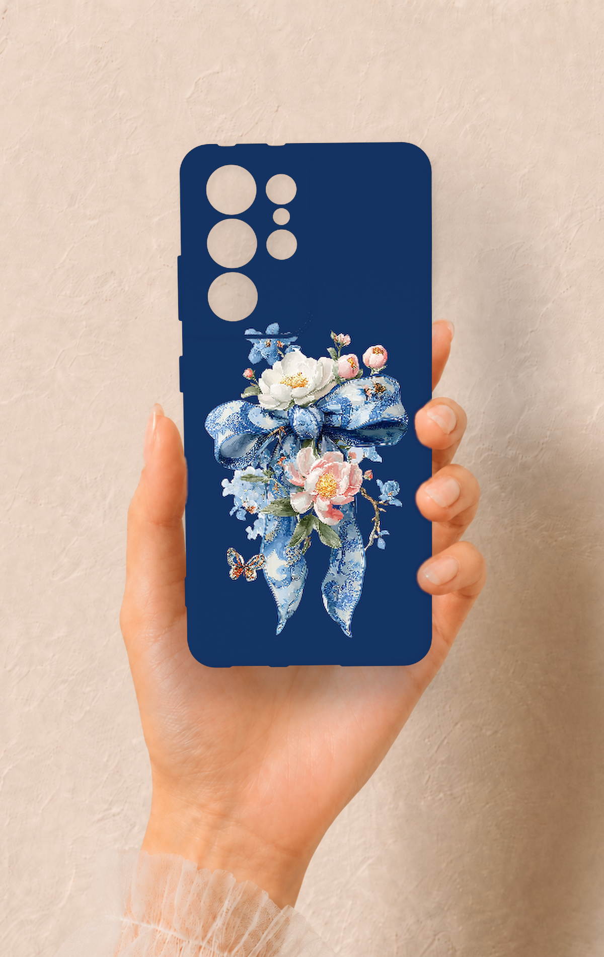 Samsung S21 Ultra Uyumlu Mavi Kurdeleli Çiçek Desenli Silikon Kılıf